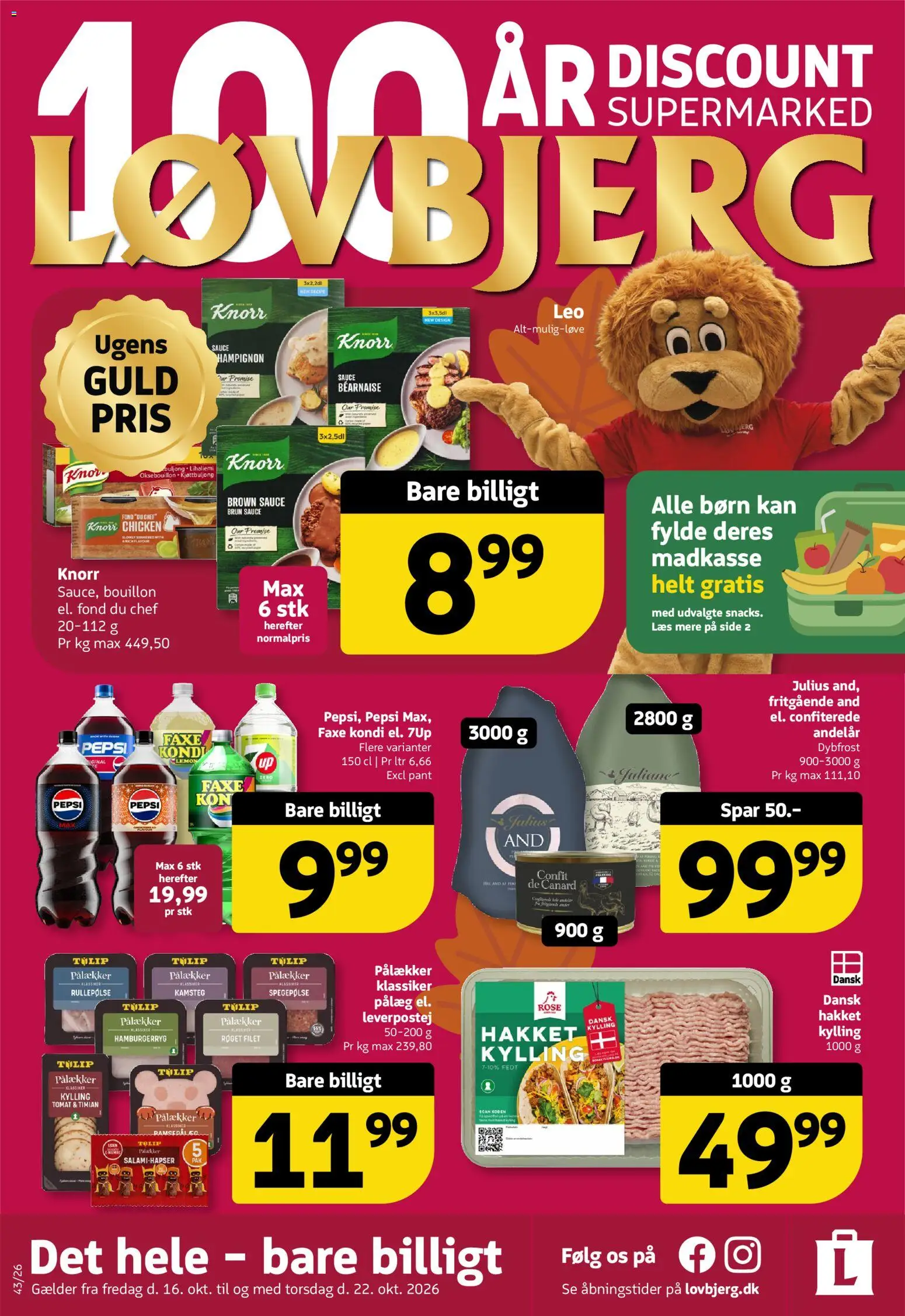 Løvbjerg tilbudsavis – gyldig fra 16/10/2026 | Side: 1 | Produkter: Spegepølse, Leverpostej, Faxe Kondi, Hamburgerryg