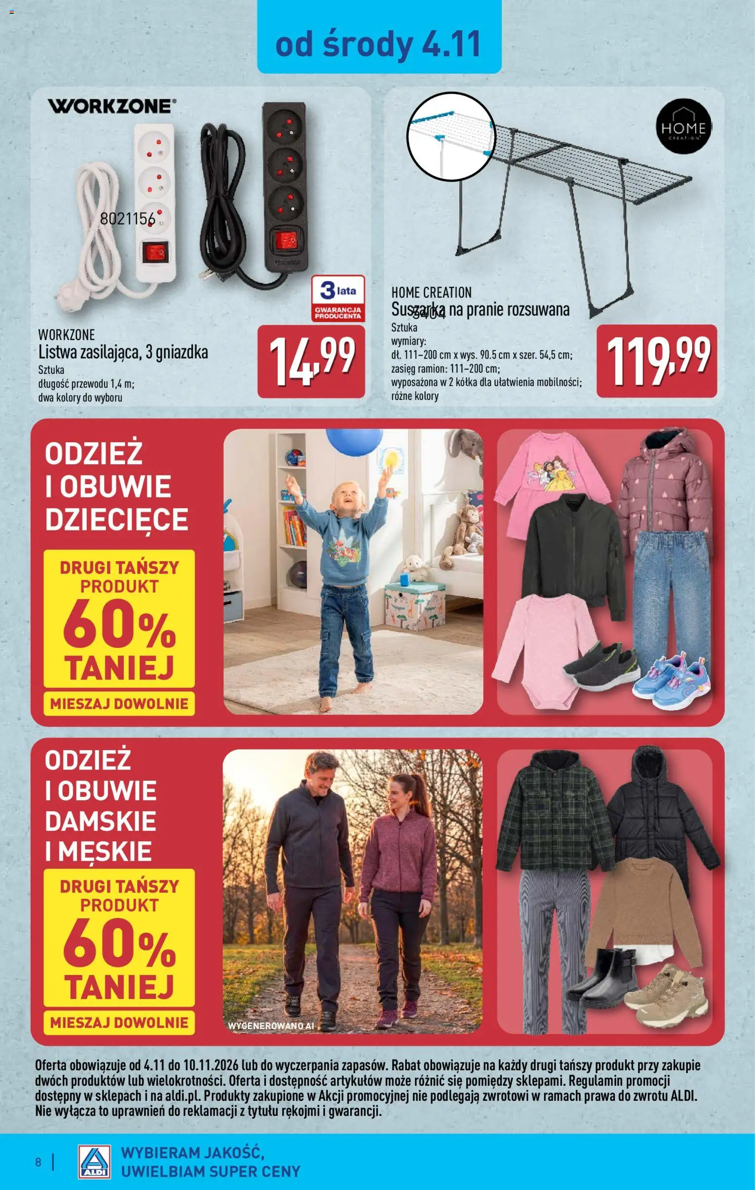 Aldi gazetka - Artykuły przemysłowe i tekstylia od 04.11.2026 | Strona: 8 | Produkty: Gniazdka, Suszarka na pranie, Suszarka