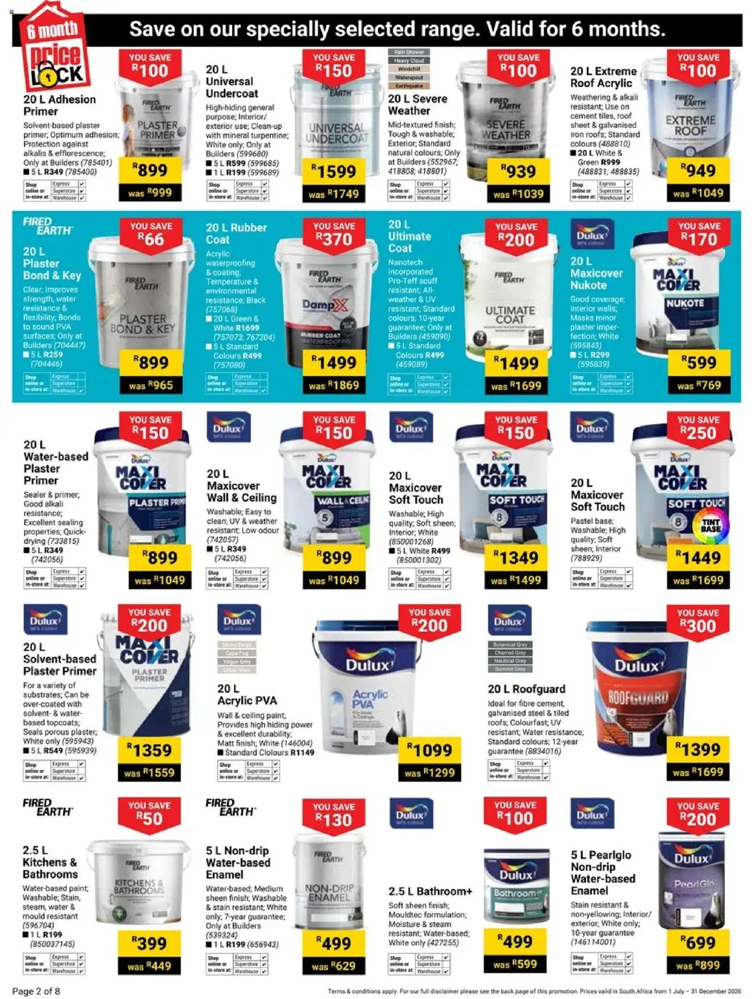 New Builders catalogue – valid from 01/07/2026 | Page: 2 | Products: Lock, Agua con gas, Plaster primer, Cement