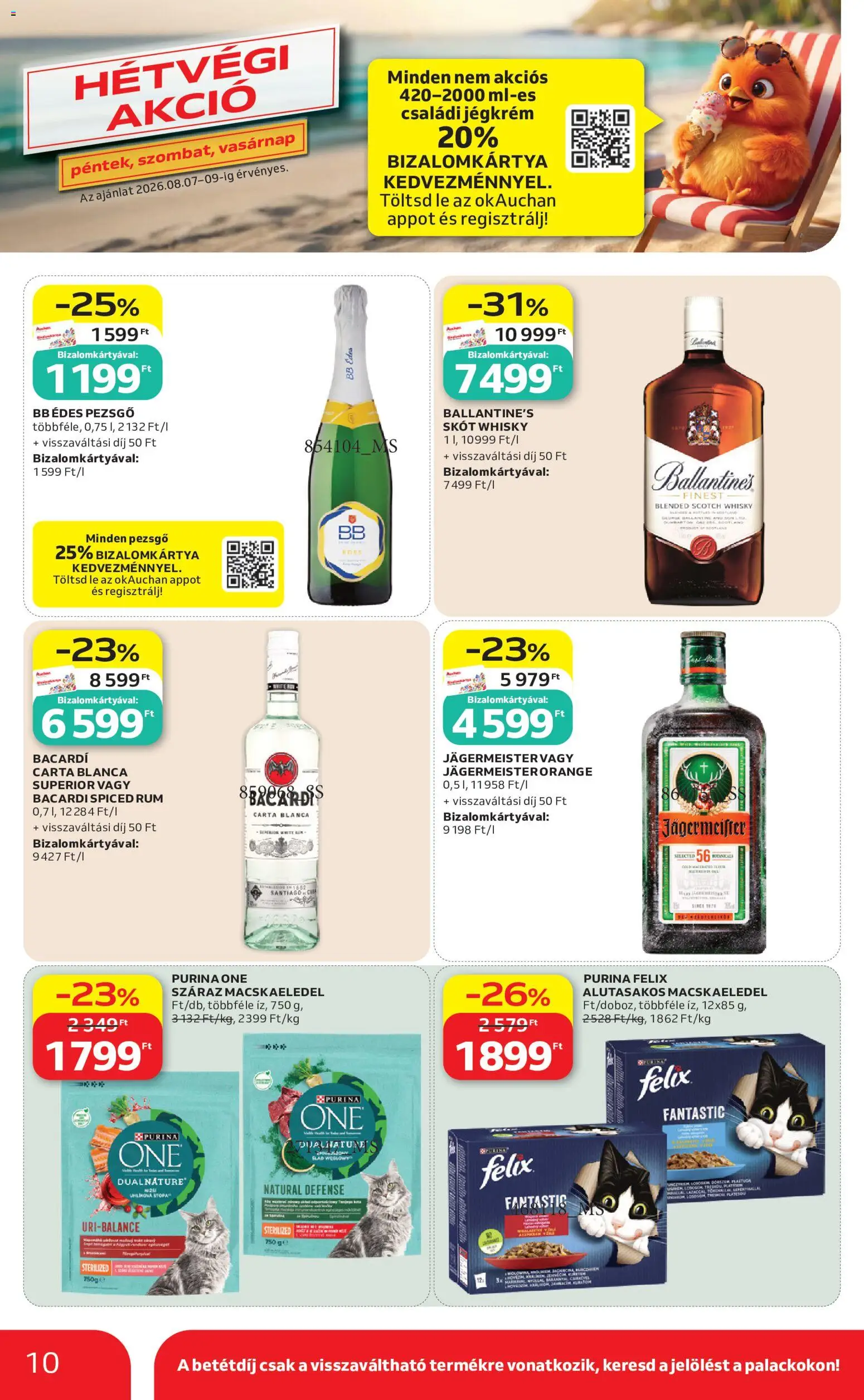 Auchan akciós ujság - amely érvényes a következő dátumtól: 2026.08.06. | Oldal: 10 | Termékek: Macskaeledel, Purina one, Pezsgő, Whisky
