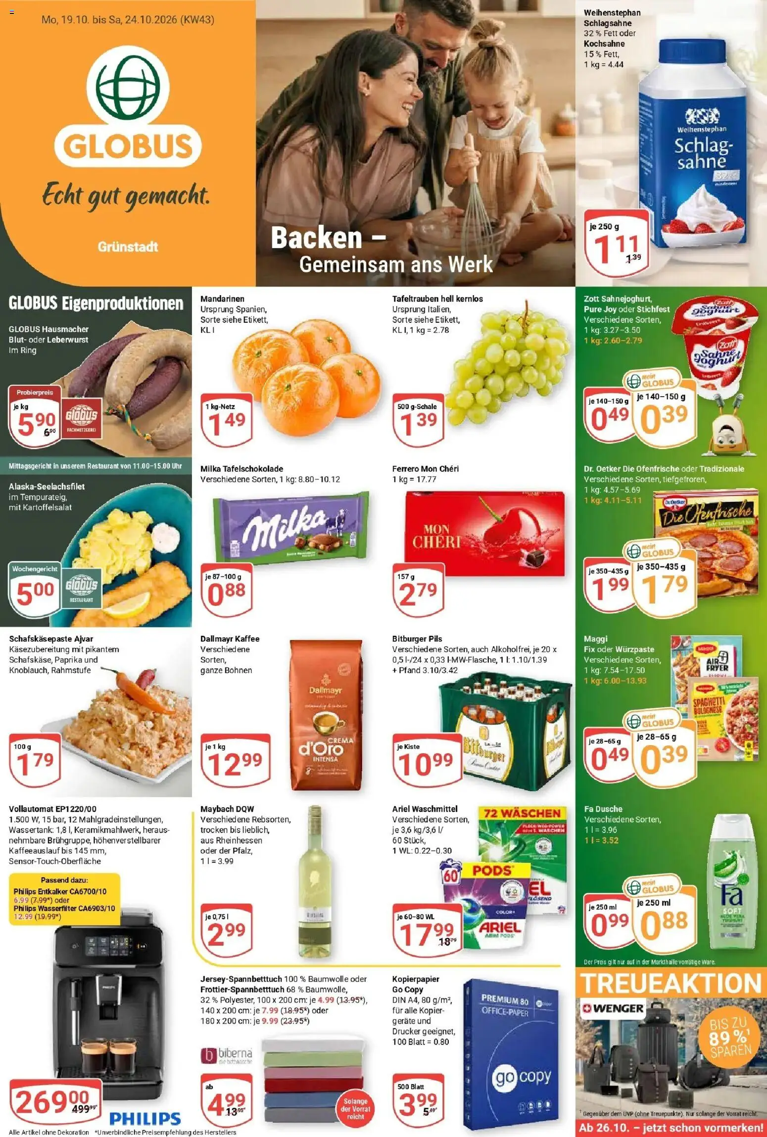 Globus Prospekt Grünstadt (ab 19.10.2026) » Angebote online | Seite: 1 | Produkte: Spaghetti, Pils, Uhr, Mon cheri
