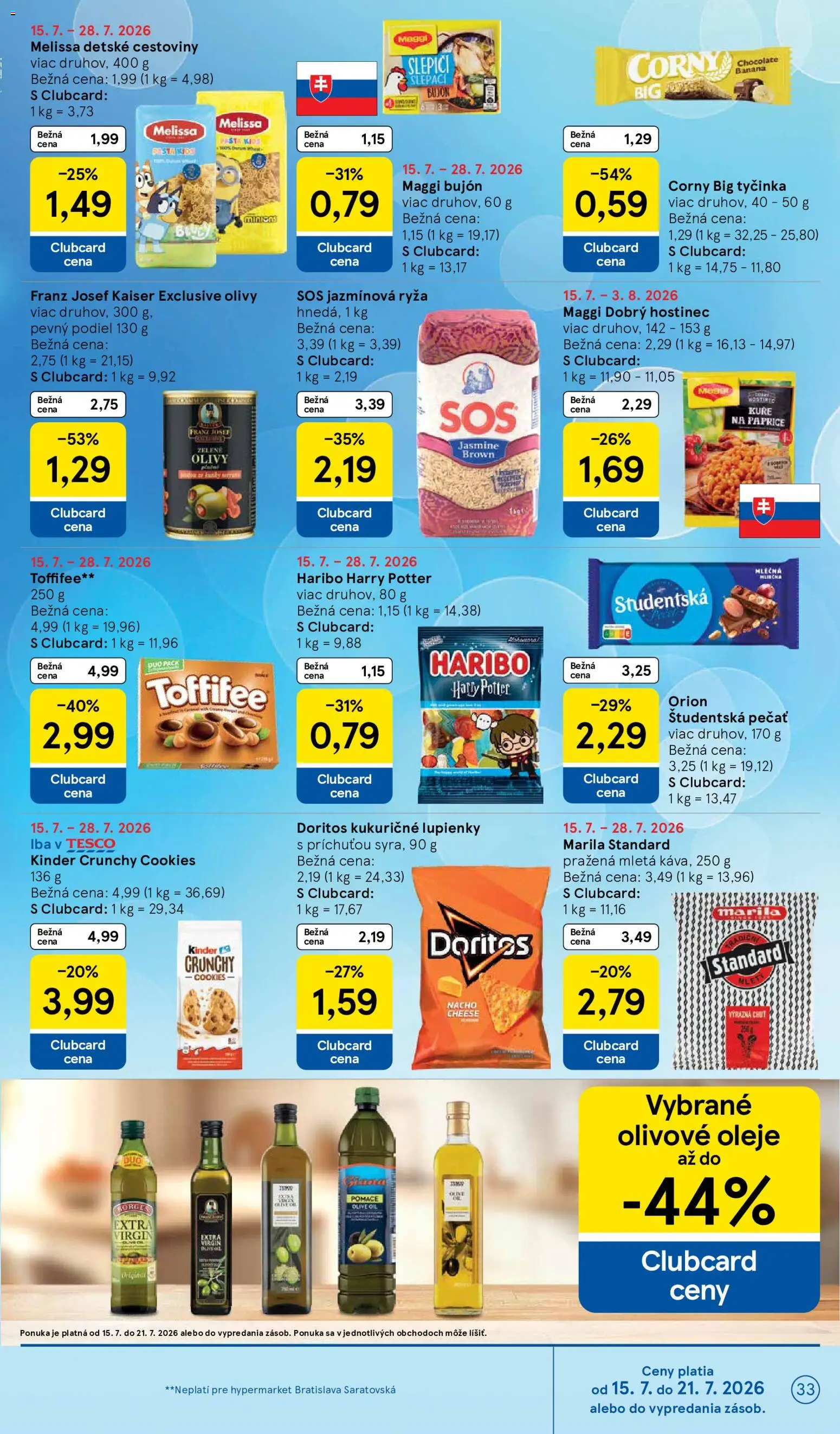 Nové Tesco akcie – leták je platný od 15.07.2026 | Strana: 33 | Produkty: Bujón, Tortilla, Toffifee, Olivy