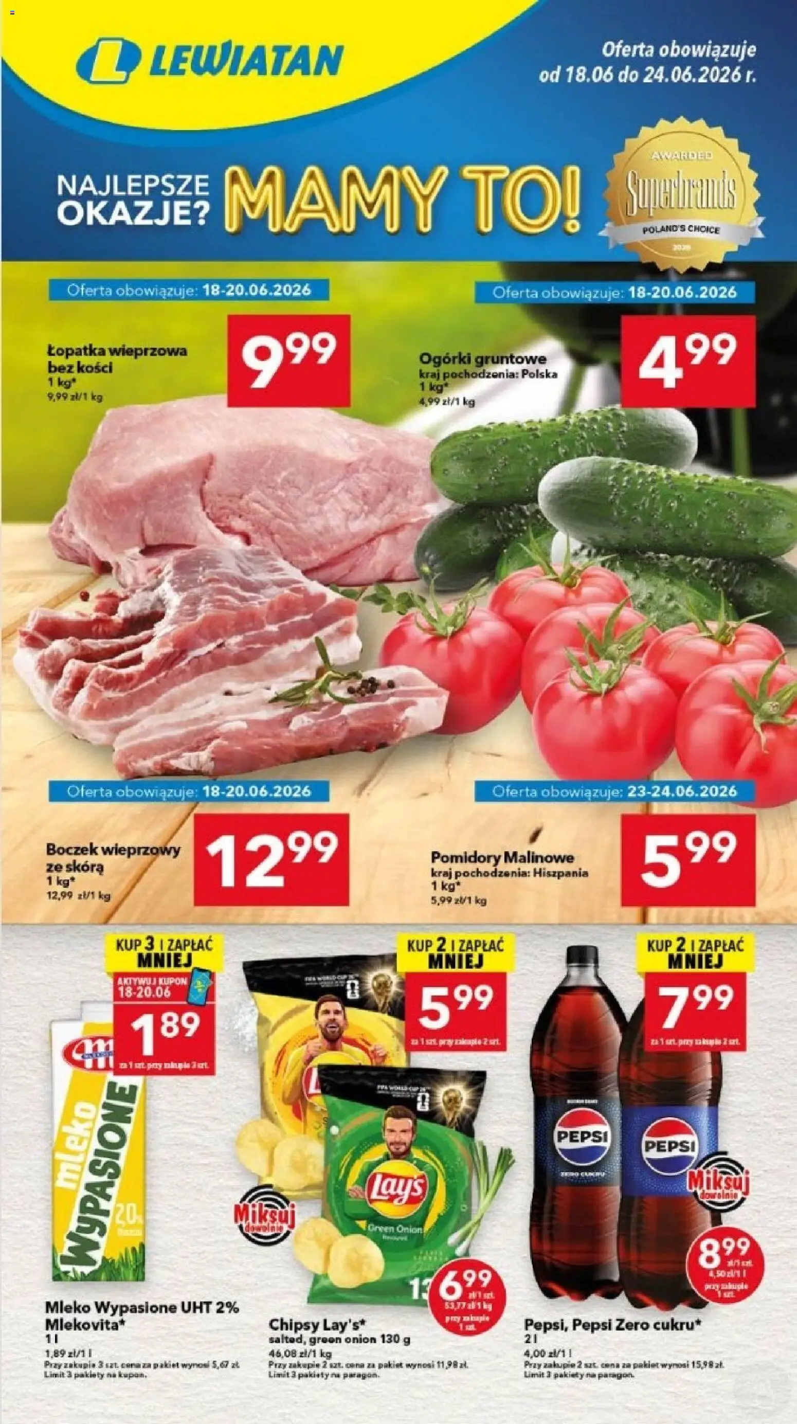 Lewiatan gazetka - Legnica od 18.06.2026 | Strona: 1 | Produkty: Chipsy, Pomidory malinowe, Łopatka wieprzowa, Ogórki