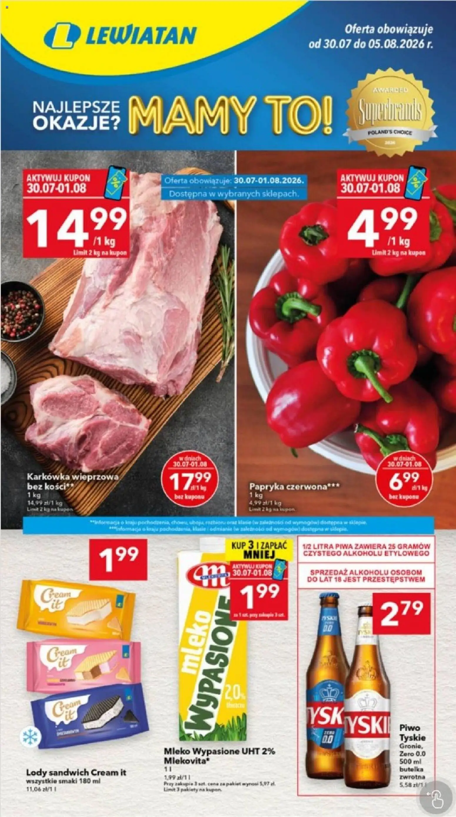 Lewiatan gazetka - Ostrów Wielkopolski od 30.07.2026 | Strona: 1 | Produkty: Karkówka wieprzowa, Papryka, Mleko, Lody