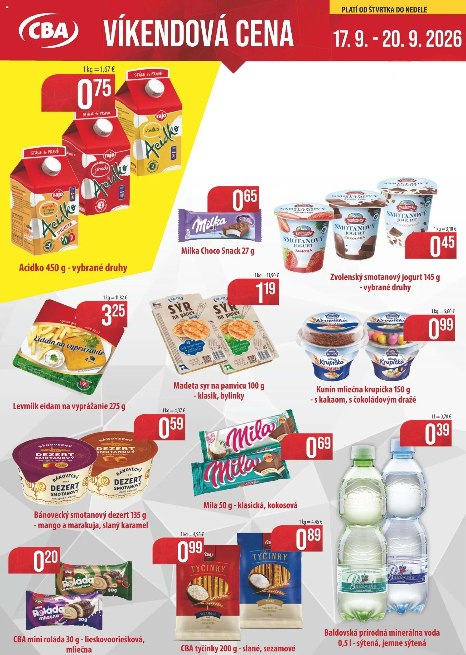 Nové CBA Verex akcie – leták je platný od 17.09.2026 | Strana: 1 | Produkty: Jogurt, Eidam, Minerálna voda, Mango