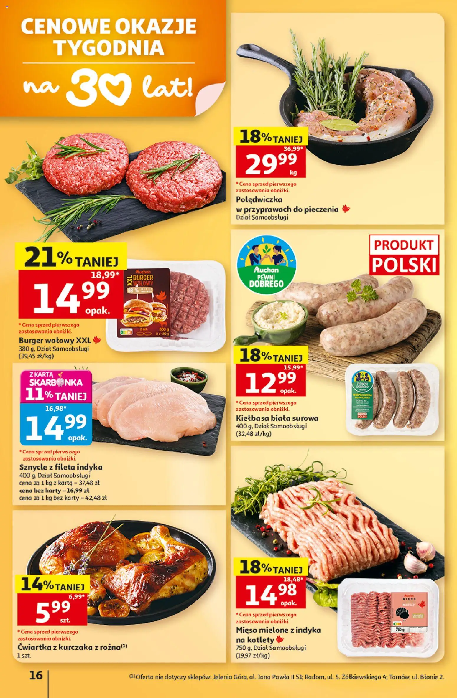Auchan gazetka - 30 Lat Hipermarket od 03.09.2026 | Strona: 16 | Produkty: Kiełbasa, Karta, Burger wołowy, Burger