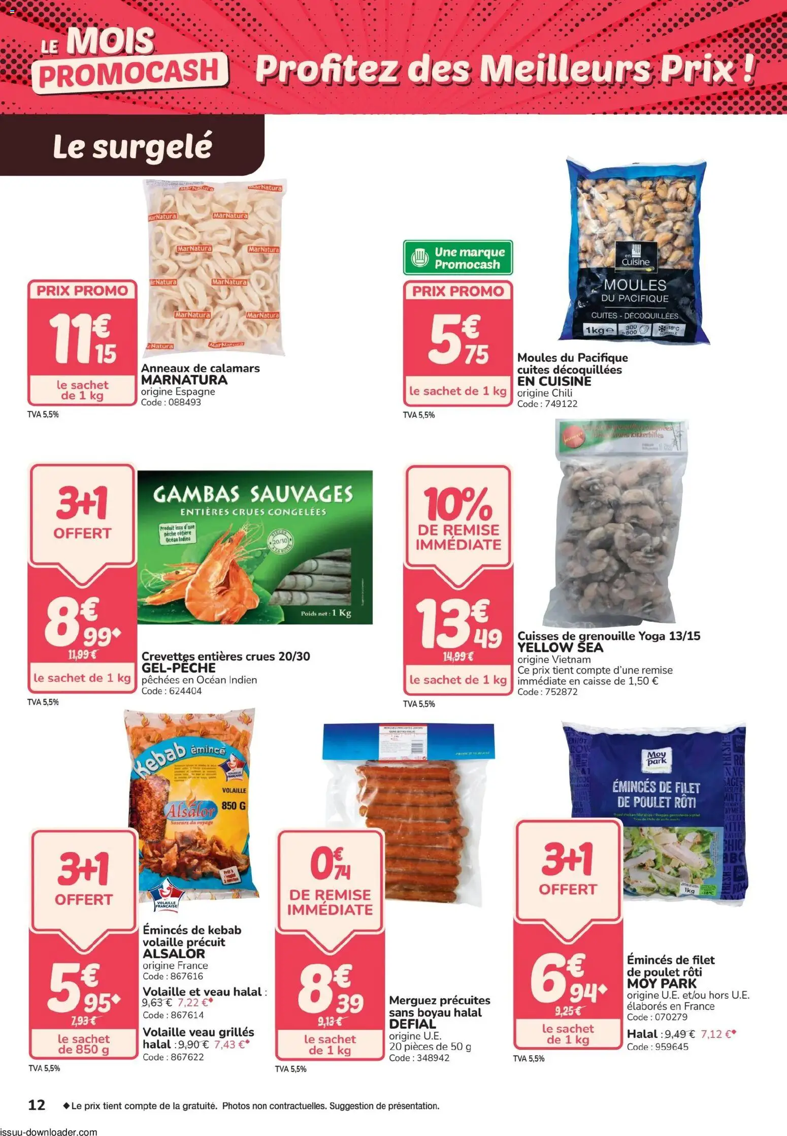 {H1} | Page: 12 | Produits: Cuisses de grenouille, Pêche, Crevettes, Kebab emince