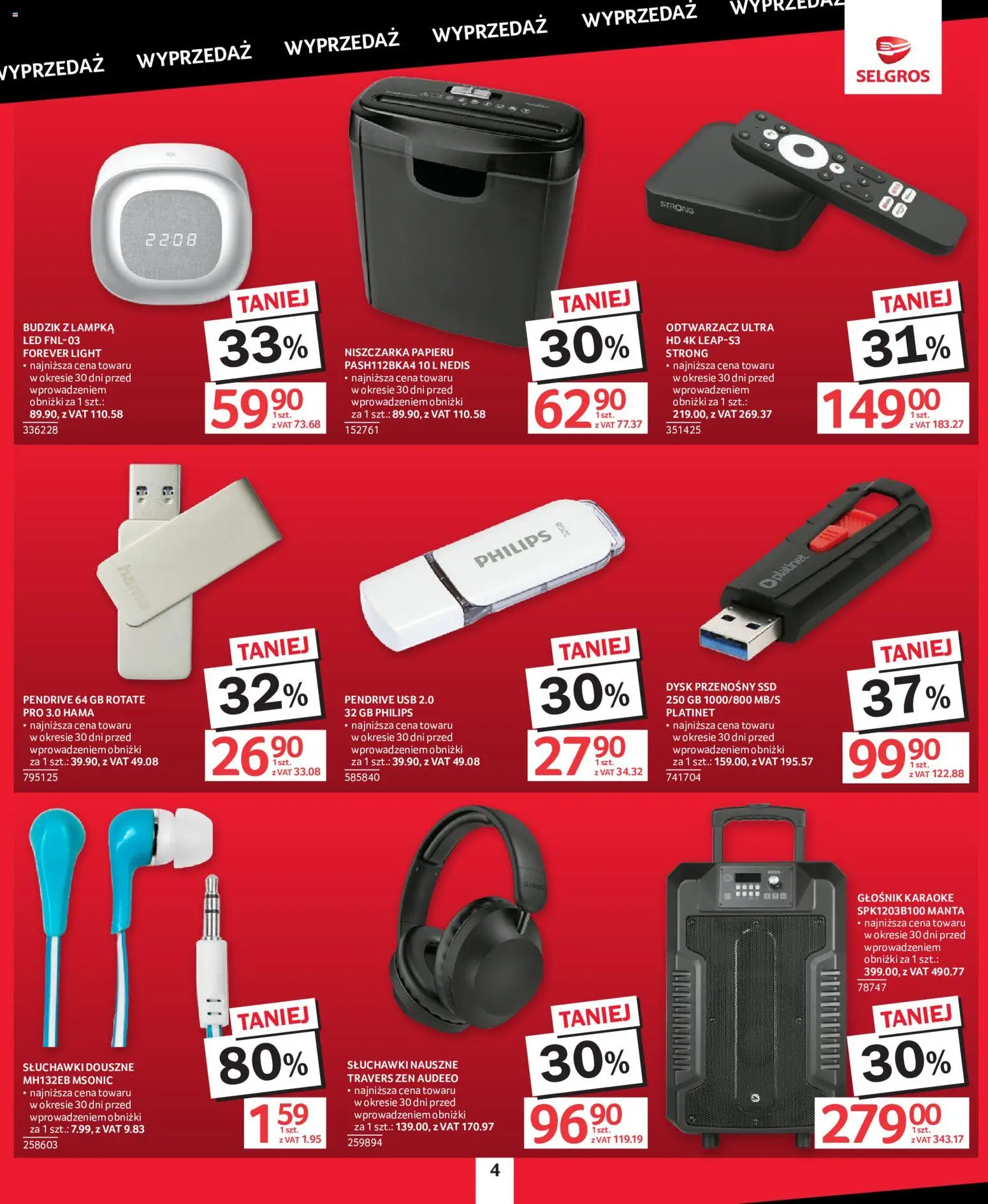 Selgros cash&carry gazetka - Totalna Wyprzedaż od 08.10.2026 | Strona: 4 | Produkty: Budzik, Słuchawki, Głośnik karaoke, USB
