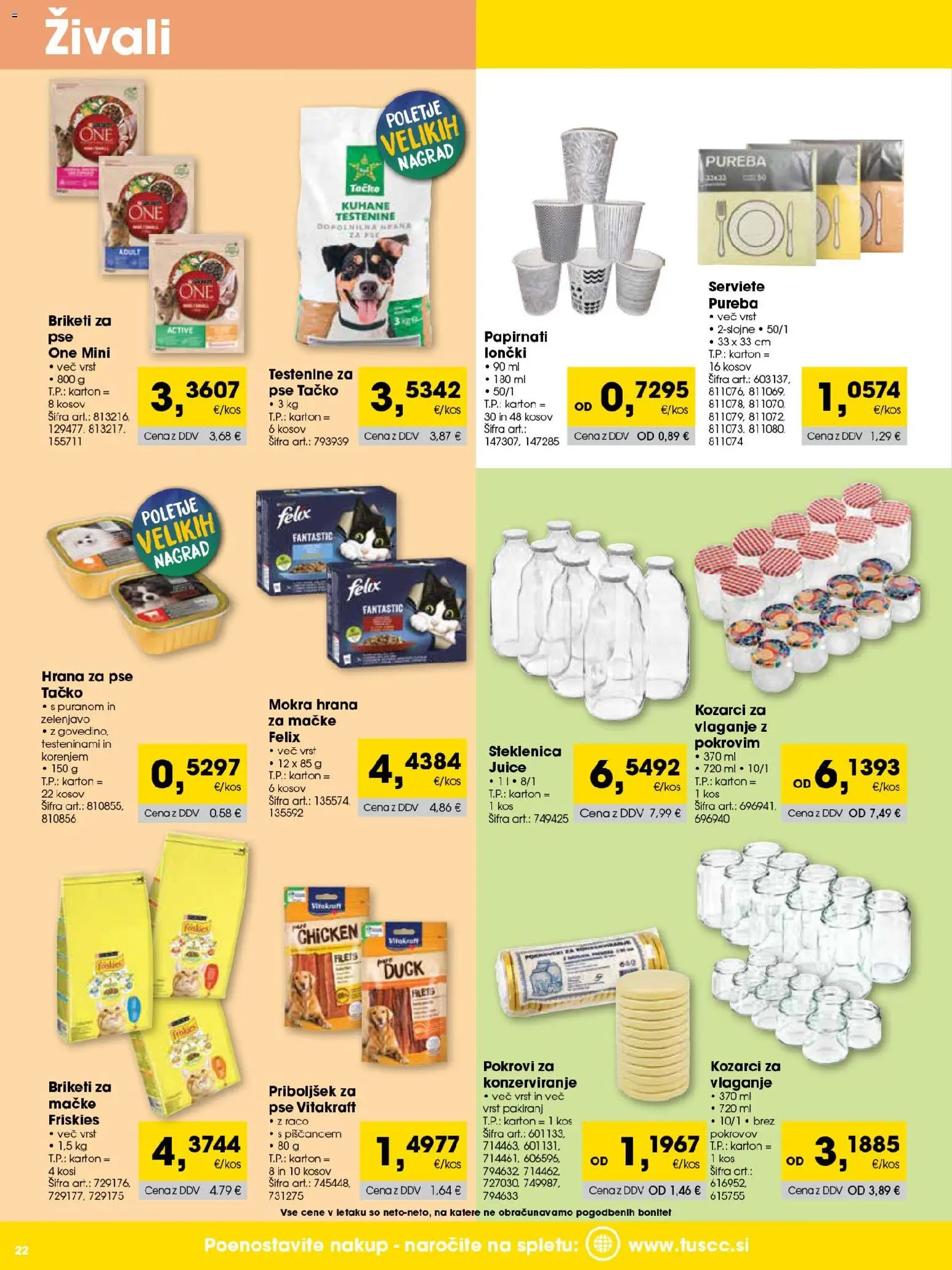 Novi Tuš katalog ponudbe – veljaven od 01.07.2026 | Stran: 22 | Izdelki: Steklenica, Hrana za pse, Kos, Testenine