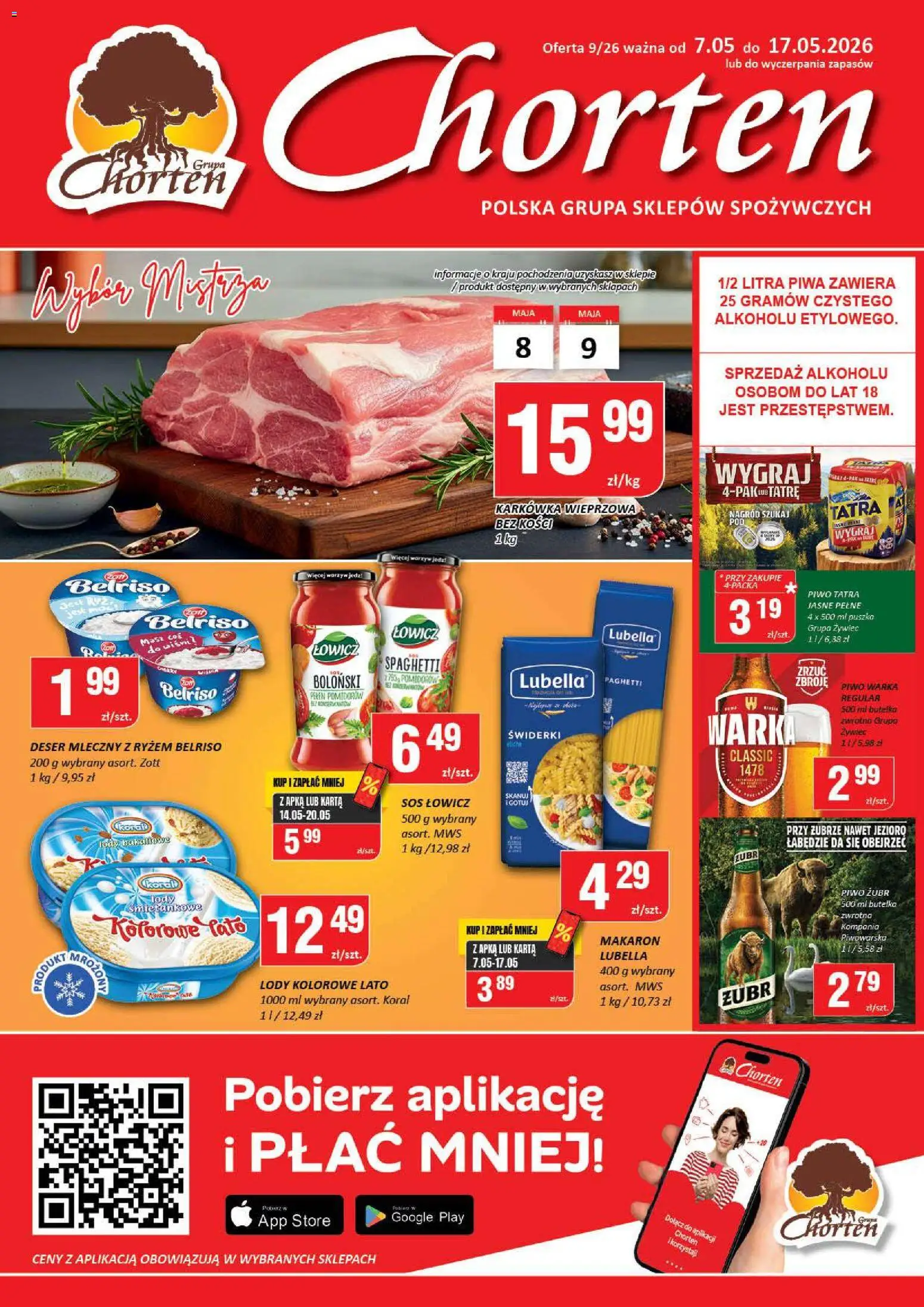 Chorten gazetka od 07.05.2026 | Strona: 1 | Produkty: Piwo żubr, Karta, Makaron, Lody