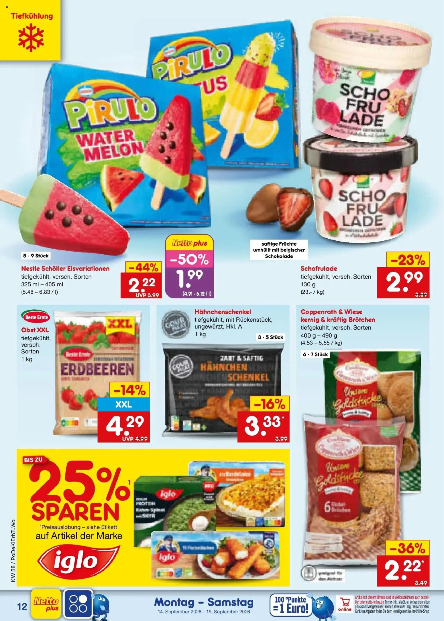 Netto Marken-Discount Prospekt Mistelbach – gültig ab 14.09.2026 | Seite: 18 | Produkte: Hahnchen, Hahnchenschenkel, Iglo, Obst