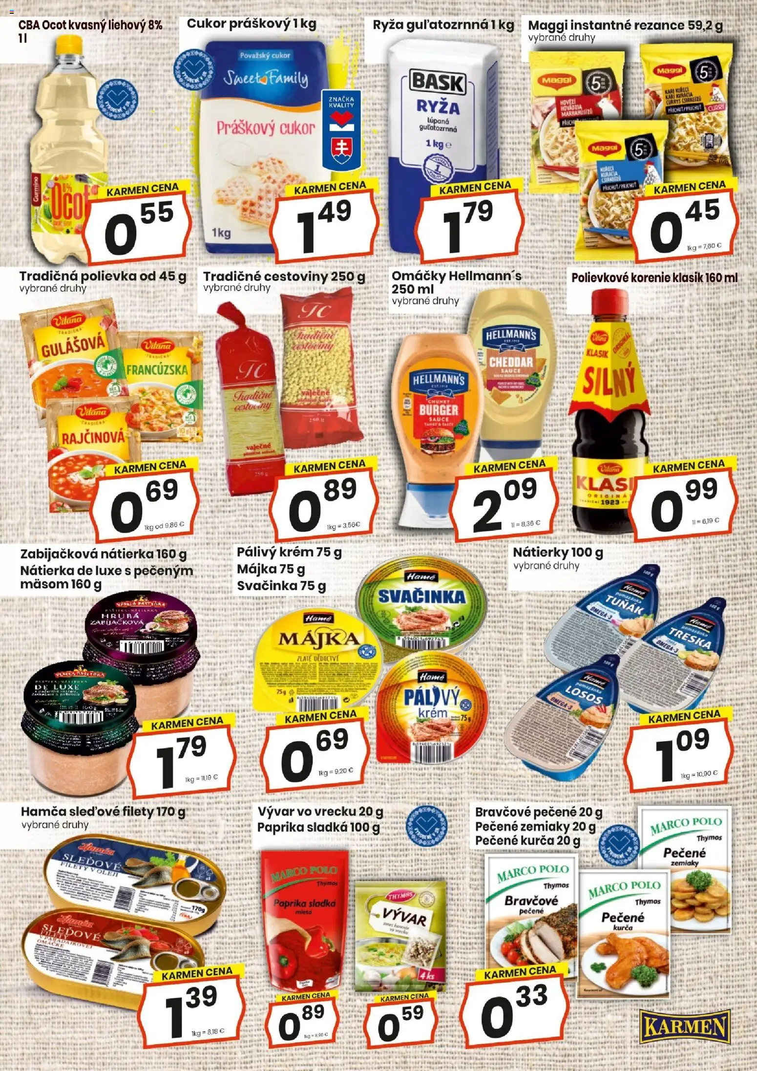 Nové KARMEN CBA akcie – leták je platný od 20.08.2026 | Strana: 9 | Produkty: Cestoviny, Nátierka, Korenie, Treska