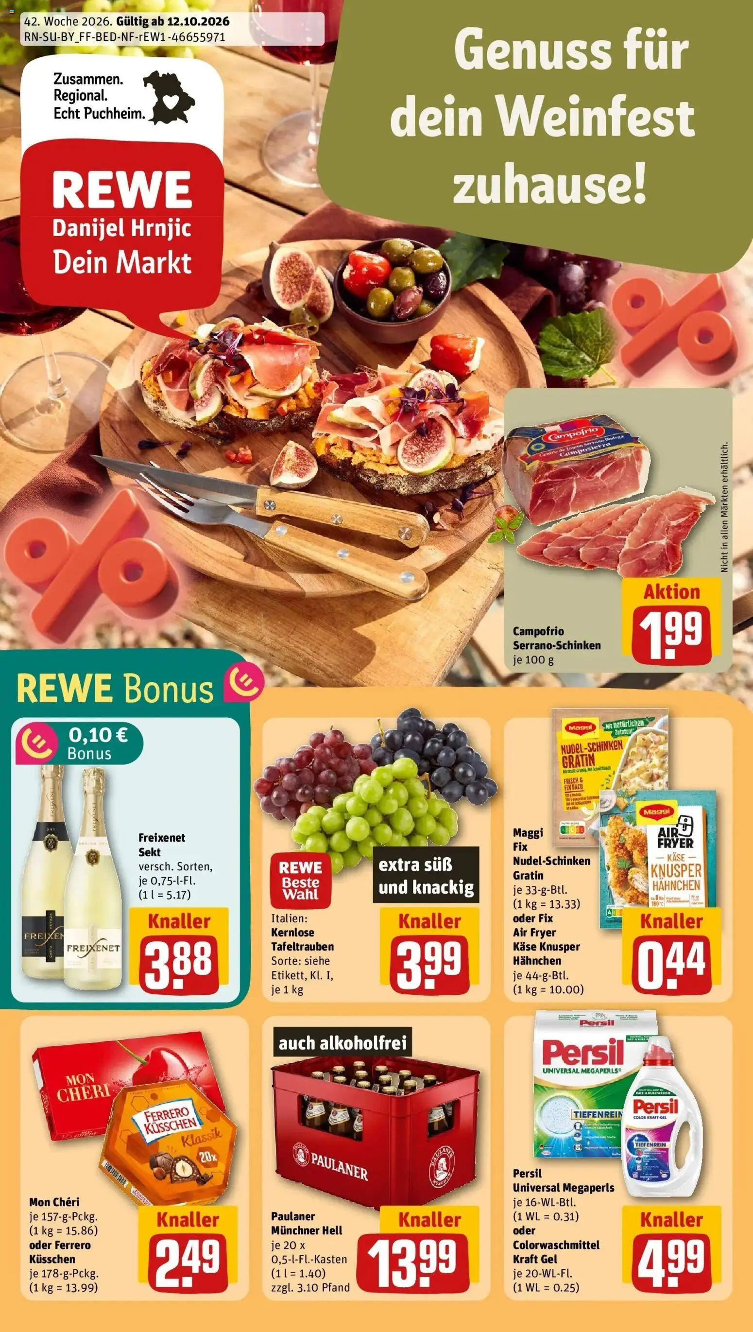REWE Prospekt ab 12.10.2026 zum Blättern » Angebote | Seite: 1 | Produkte: Hahnchen, Freixenet, Sekt, Paulaner