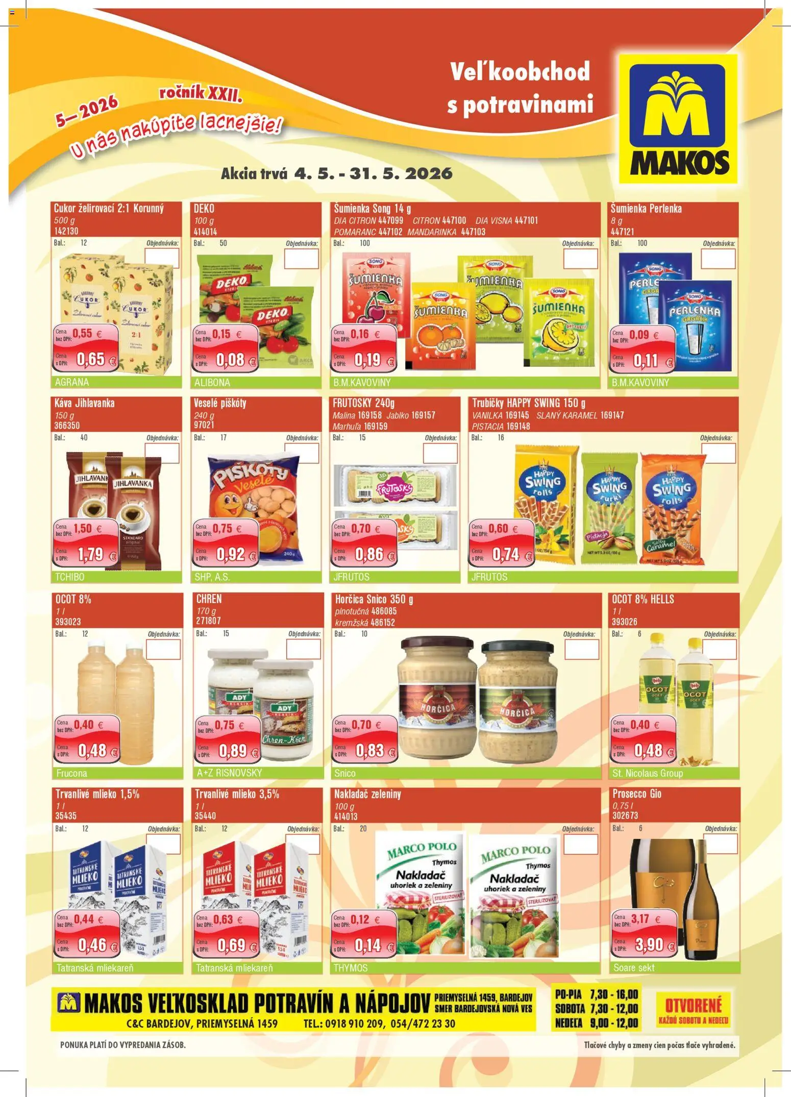 Nové Makos akcie – leták je platný od 04.05.2026 | Strana: 1 | Produkty: Chren, Prosecco, Trvanlivé mlieko, Ocot