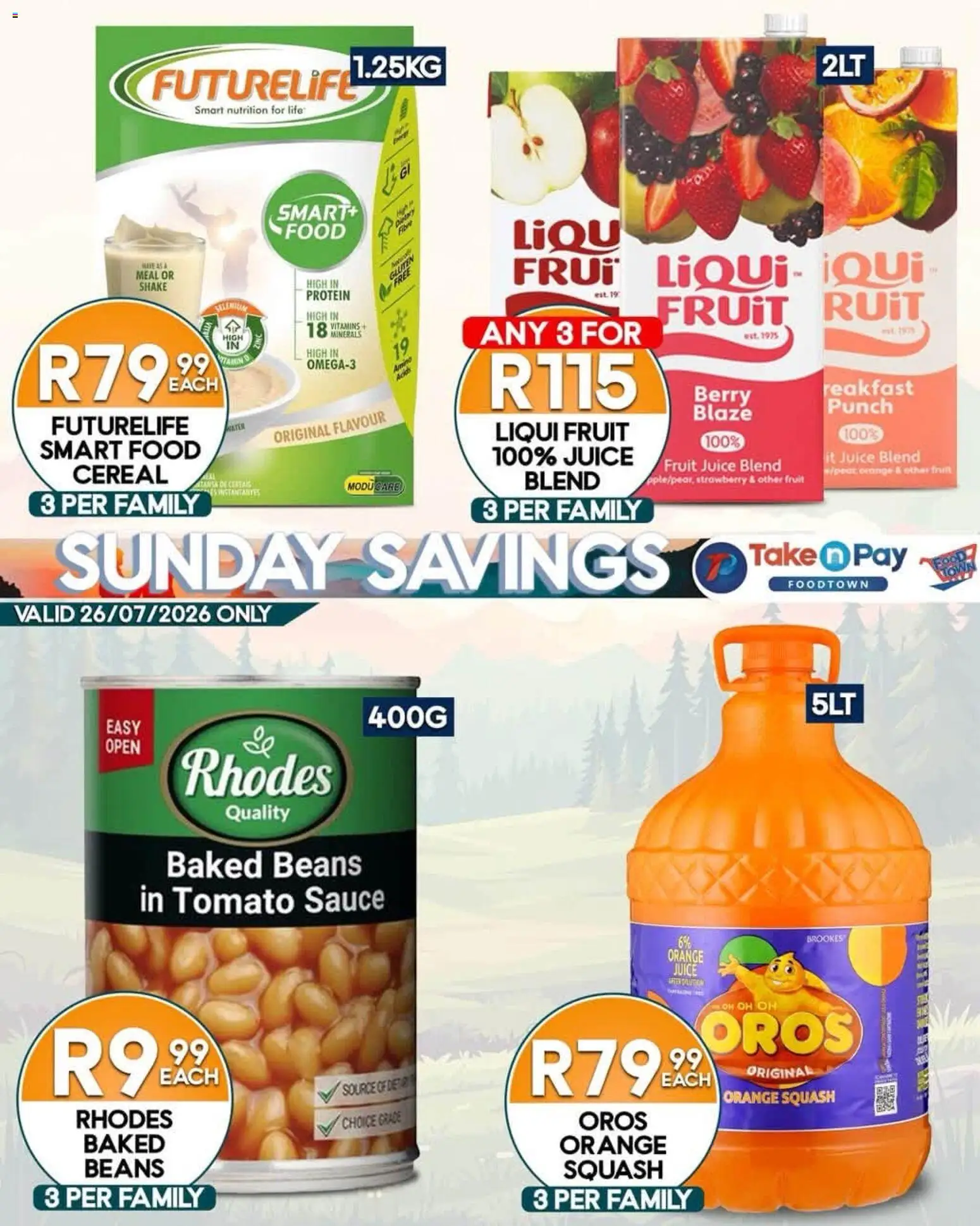 New Take n Pay catalogue – valid from 26/07/2026 | Page: 6 | Products: Baked beans, Juice, Tomato sauce, Fruit