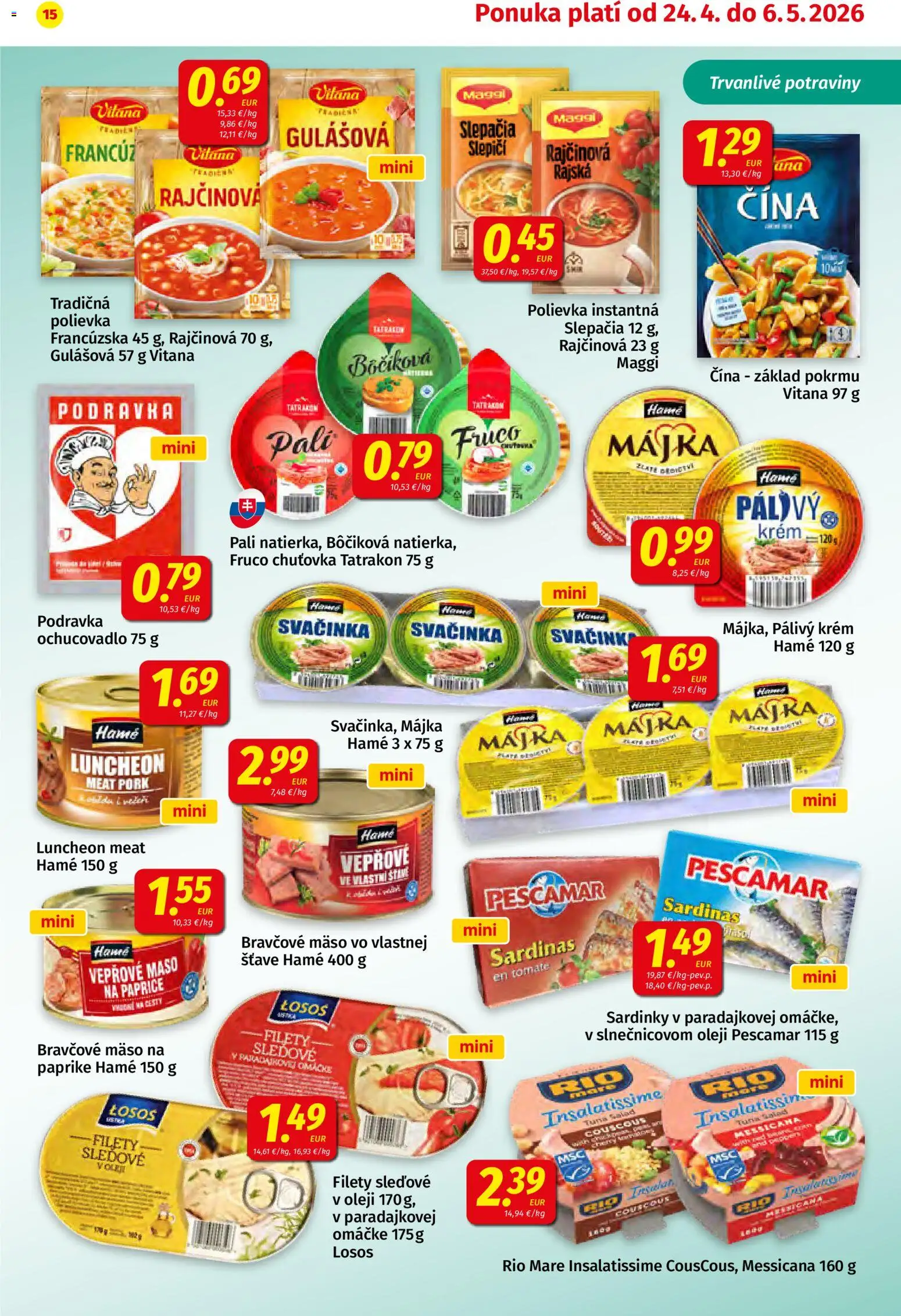 Nové Koruna akcie – leták je platný od 24.04.2026 | Strana: 15 | Produkty: Sardinky, Rio Mare, Losos, Bravčové mäso