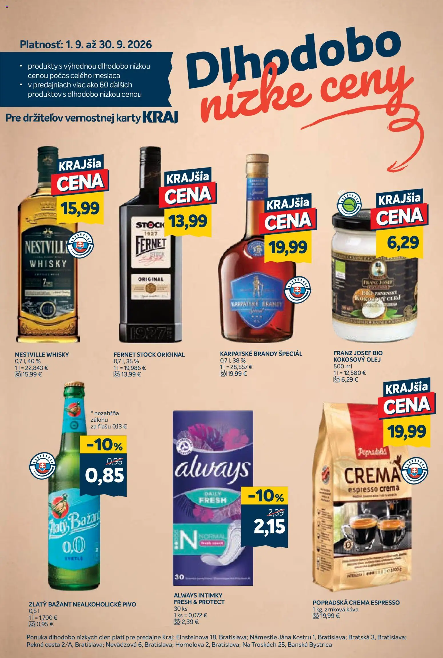 Nové Kraj akcie – leták je platný od 03.09.2026 | Strana: 15 | Produkty: Kokosový olej, Káva, Karpatské brandy, Fernet