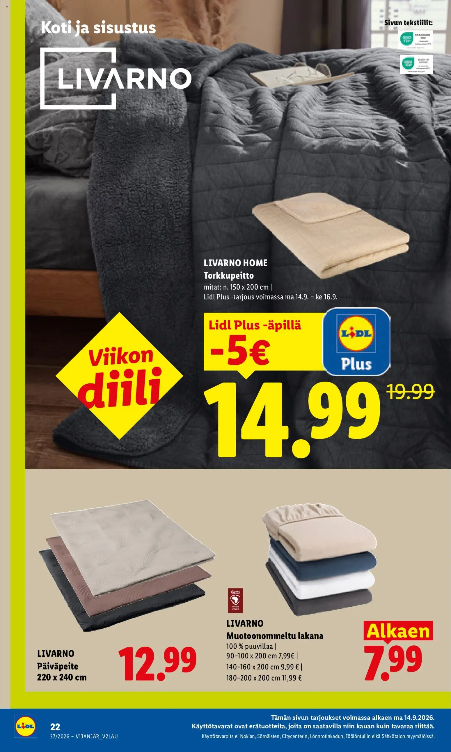 Lidl tarjoukset - Tampere – voimassa 10/09/2026 alkaen | Sivu: 22 | Tuotteet: Päiväpeite, Lakana