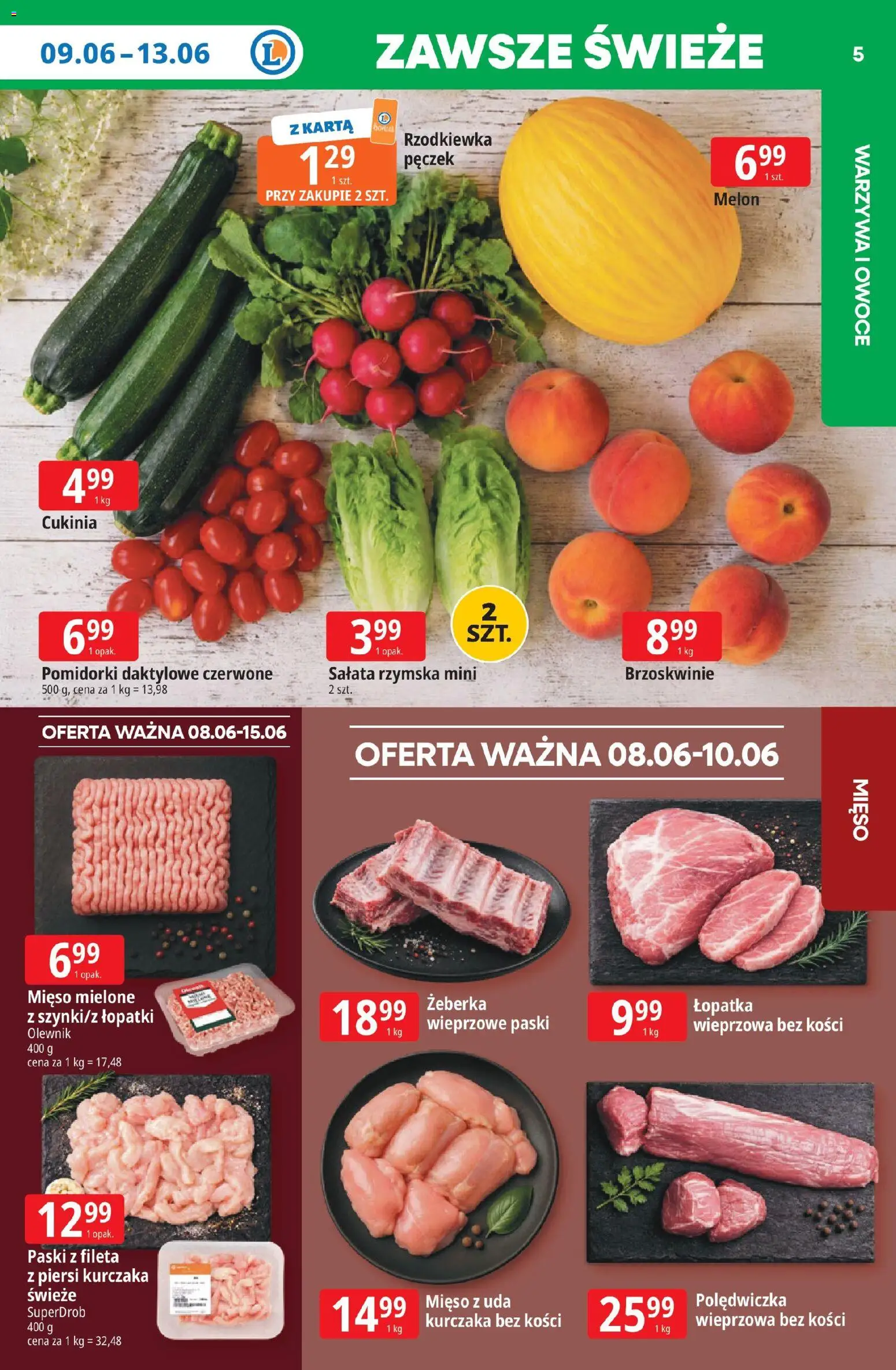 E.Leclerc gazetka - Radom od 08.06.2026 | Strona: 5 | Produkty: Mięso mielone, Brzoskwinie, Warzywa, Owoce