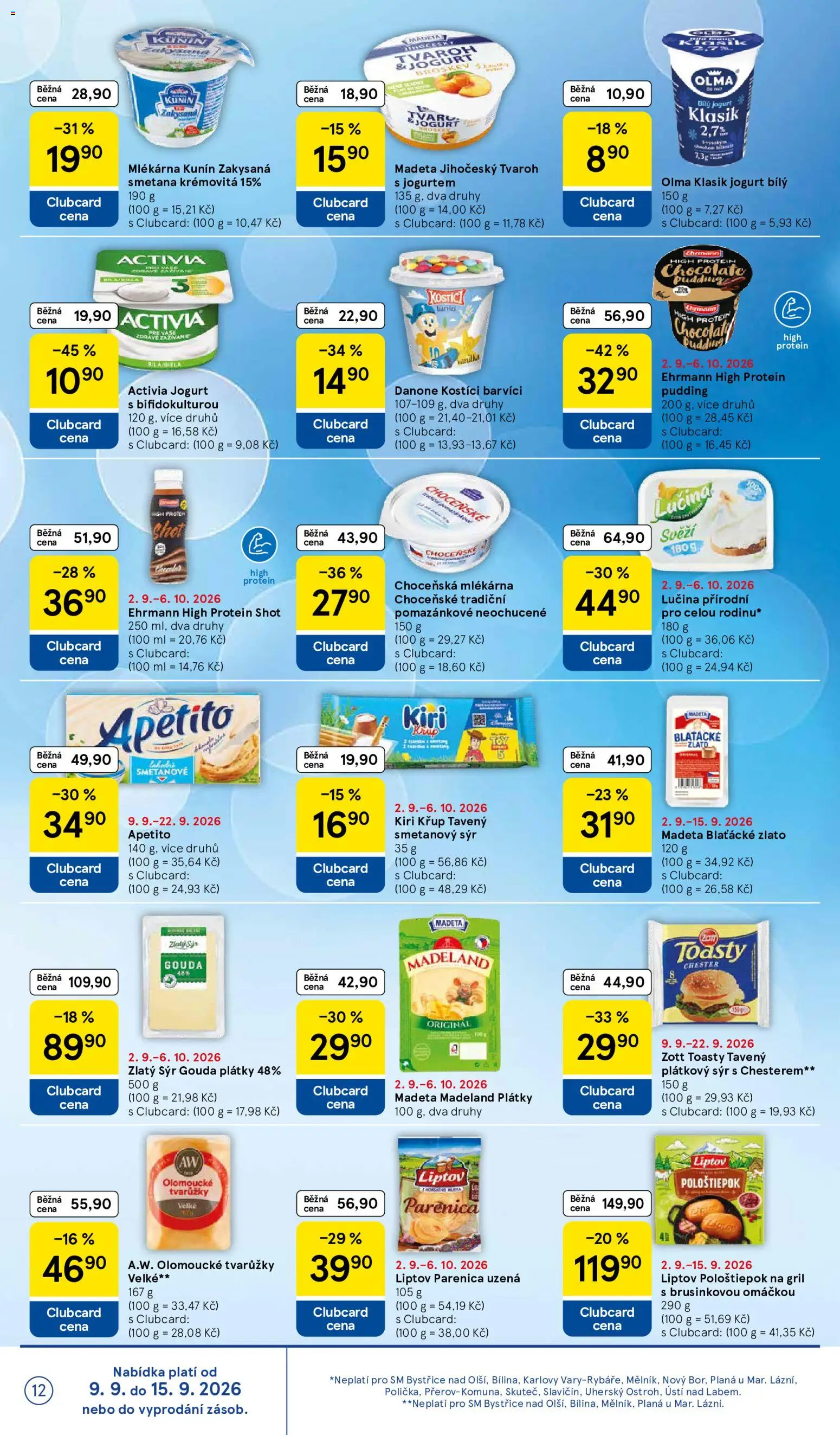 Tesco leták - Supermarket od 09.09.2026 | Strana: 12 | Produkty: Gouda, Jogurt, Plátkový sýr, Vanilka