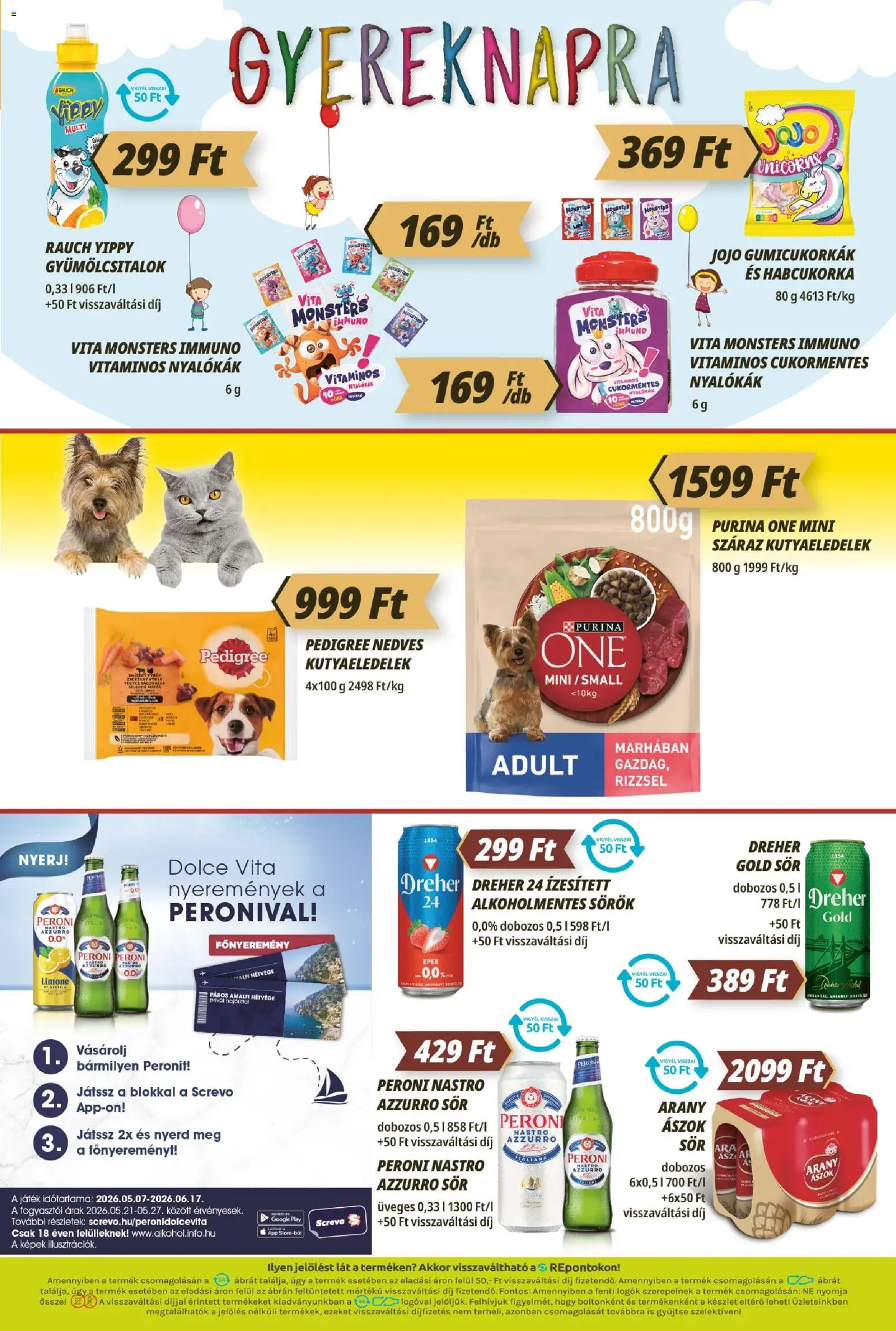 CBA Príma akciós ujság - amely érvényes a következő dátumtól: 21.05.2026 | Oldal: 11 | Termékek: Játék, Arany ászok, Purina one, Sör