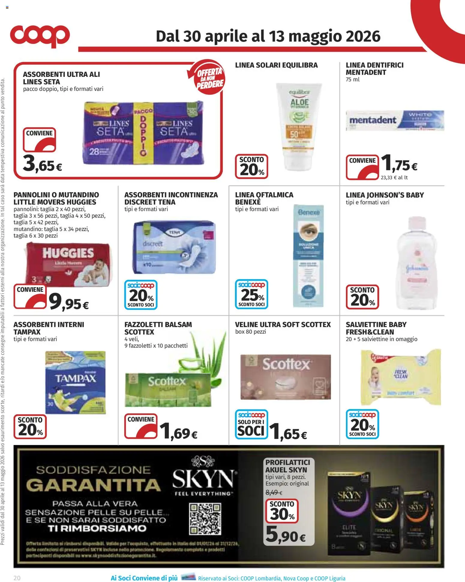 Volantino COOP del 30.04.2026 | Pagina: 20 | Prodotti: Pannolini, Fazzoletti, Profilattici, Data