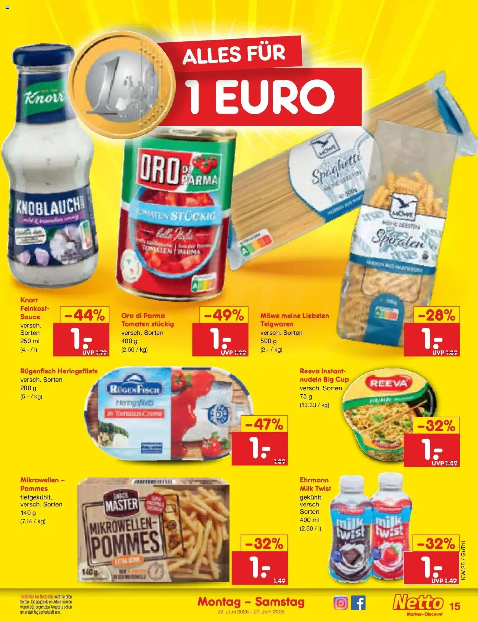 Netto Marken-Discount Prospekt Augustusburg – gültig ab 22.06.2026 | Seite: 23 | Produkte: Pommes, Tomaten, Knoblauch, Nudeln