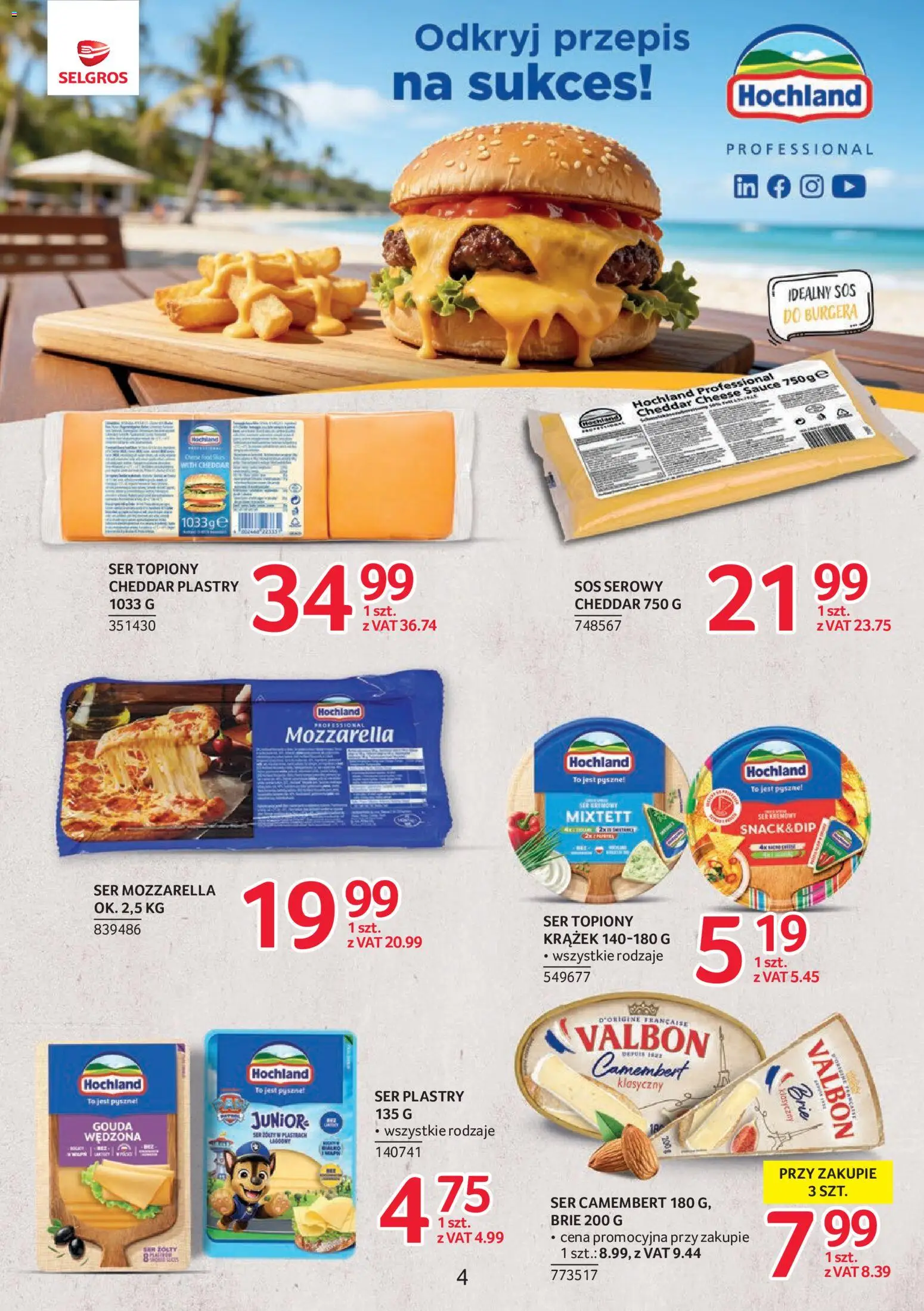 Selgros cash&carry gazetka - Markowe produkty od 30.07.2026 | Strona: 4 | Produkty: Ser topiony, Mozzarella, Cheddar, Sos