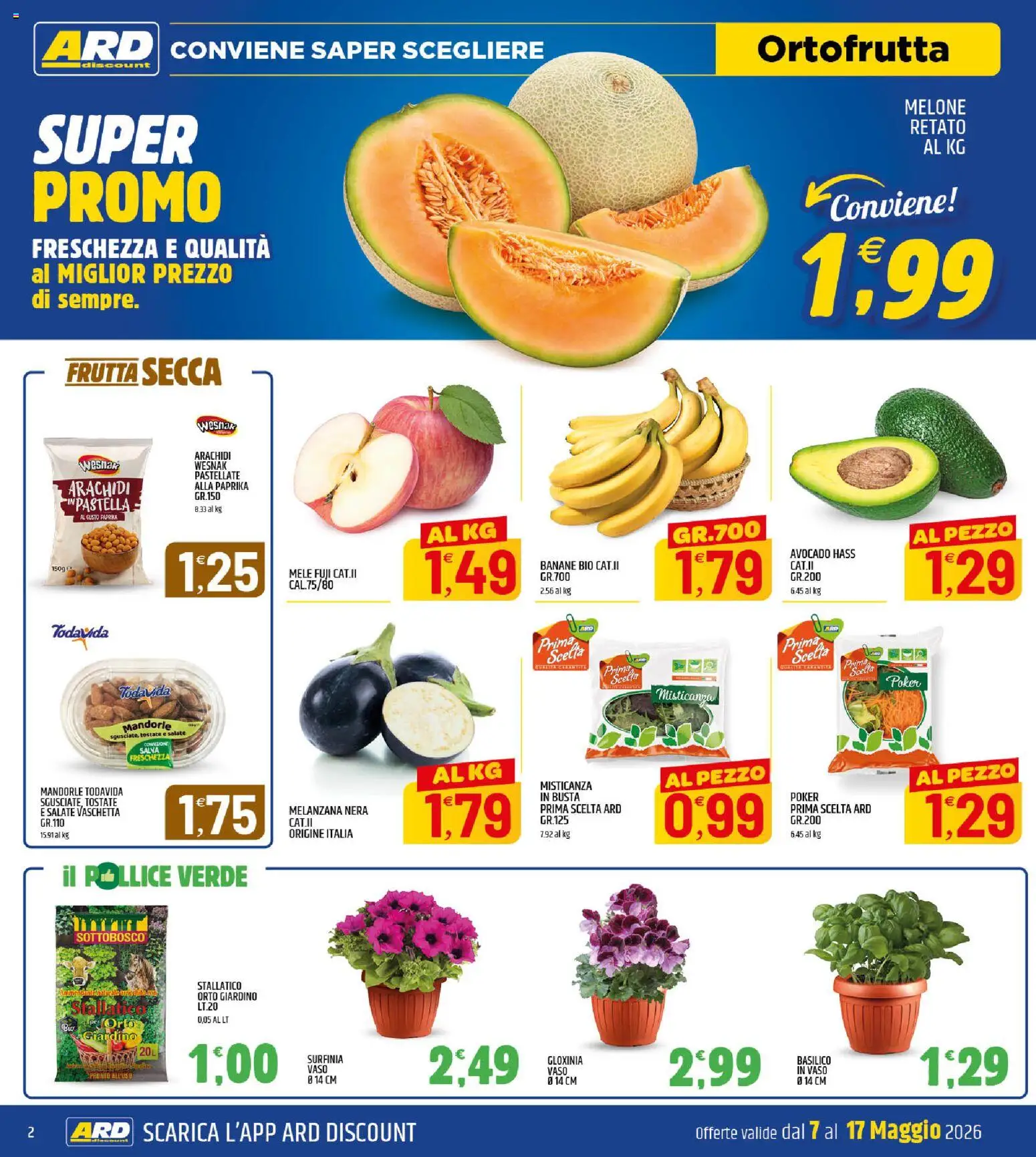 Volantino ARD Discount del 07.05.2026 | Pagina: 2 | Prodotti: Mele, Frutta, Melanzana, Basilico