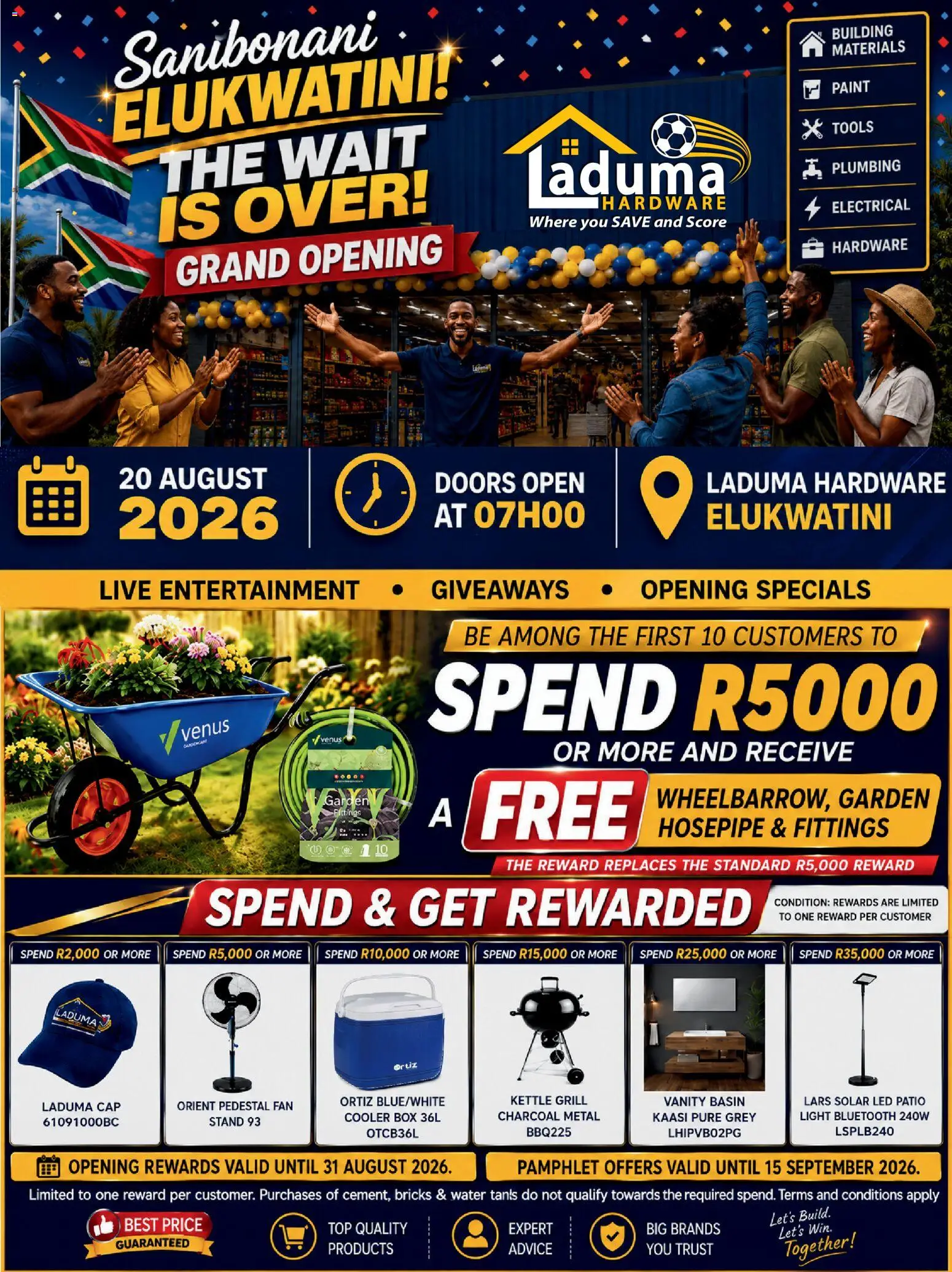 New Laduma Hardware catalogue – valid from 20/08/2026 | Page: 1 | Products: Kettle, Fan, Paint, Light