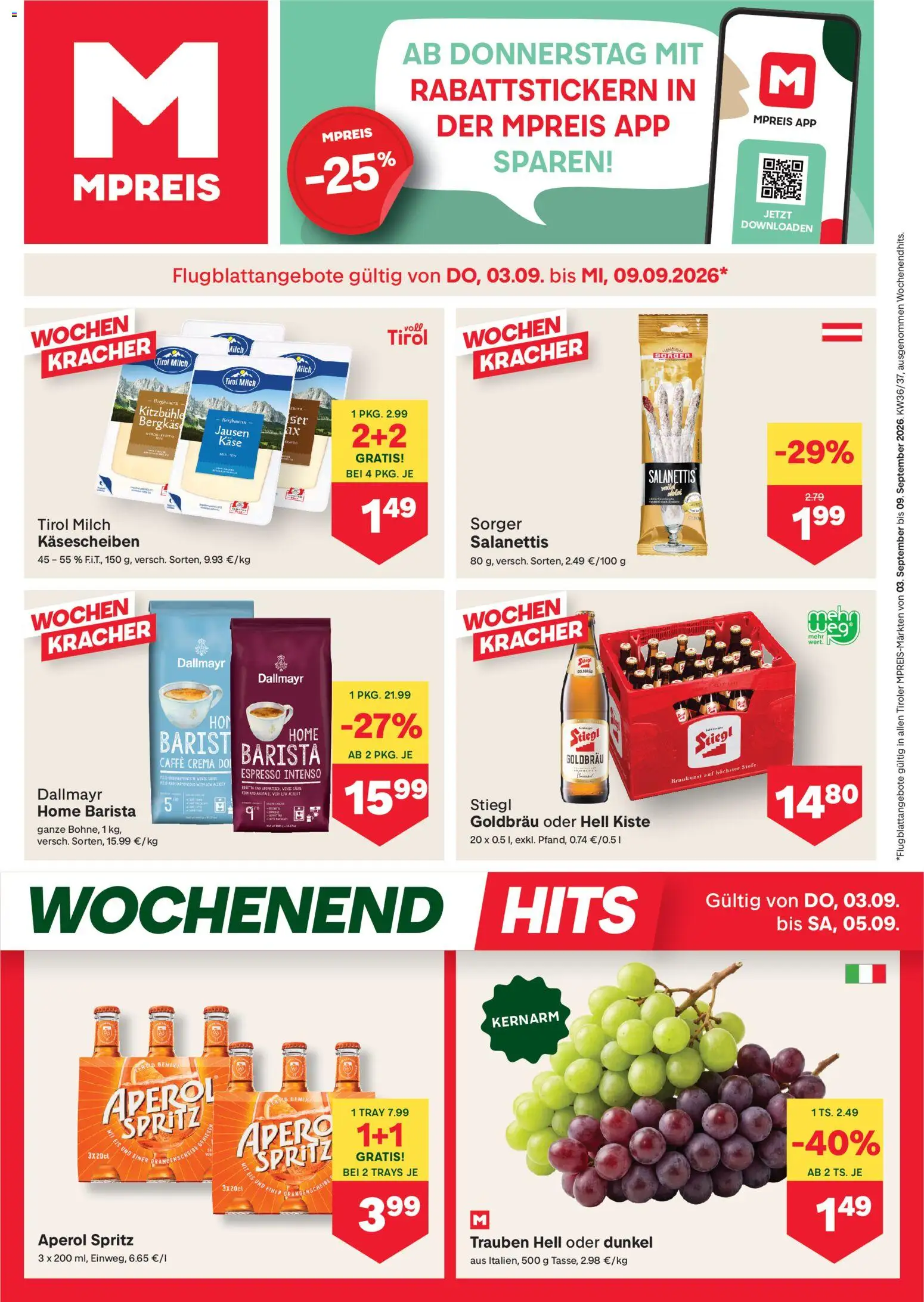 MPREIS Flugblatt gültig ab 03.09.2026 | Seite: 1 | Produkte: Eis, Aperol, Milch, Käse