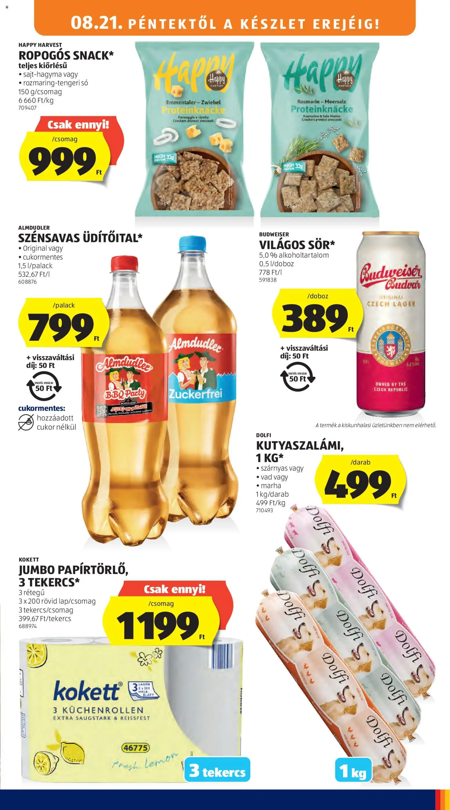 Aldi akciós ujság - amely érvényes a következő dátumtól: 2026.08.21. | Oldal: 13 | Termékek: BBQ, Happy Harvest, Budweiser, Só