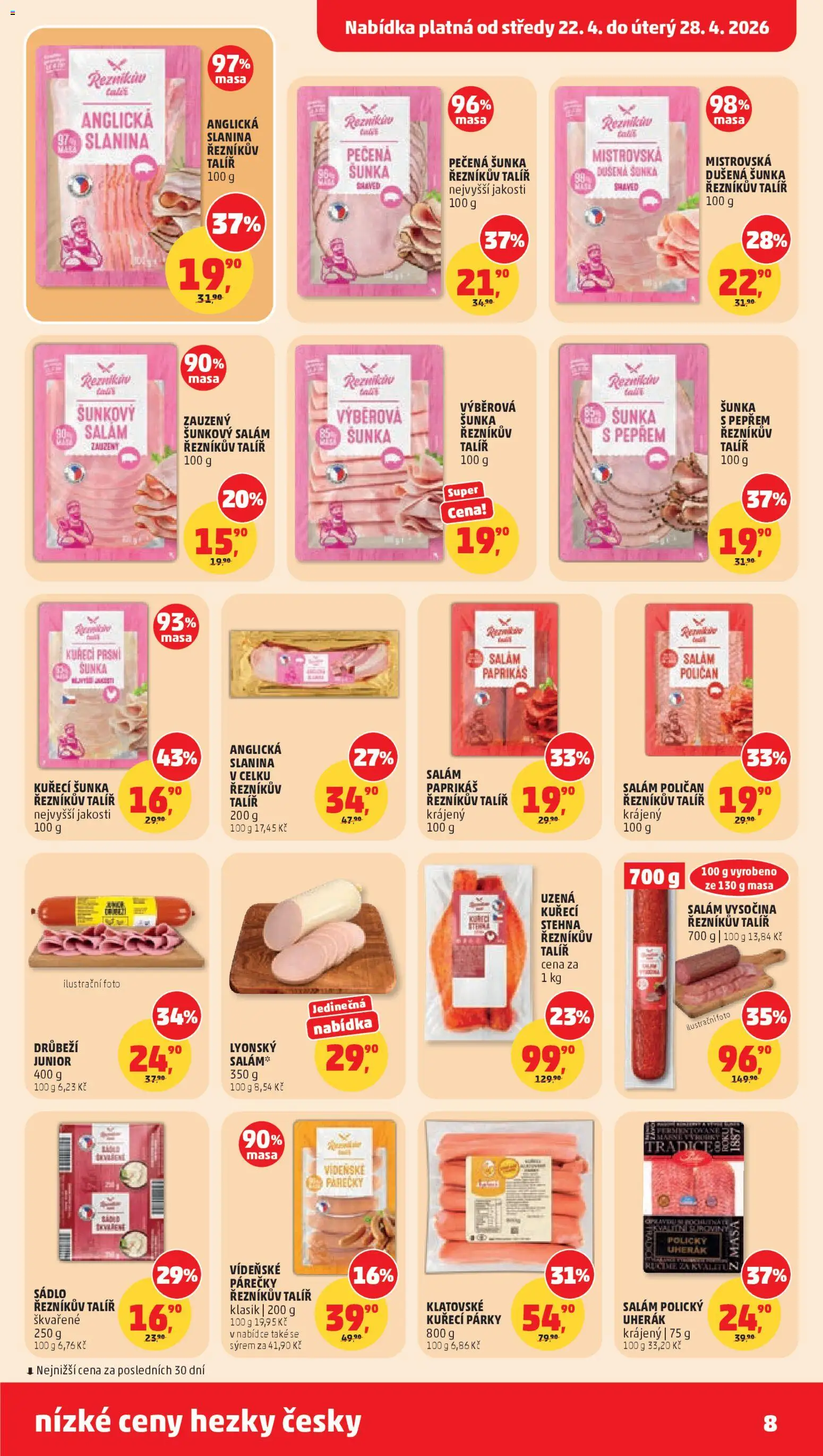 Penny Market leták od 22.04.2026 | Strana: 8 | Produkty: Párky, Kuřecí šunka, Vysočina, Slanina