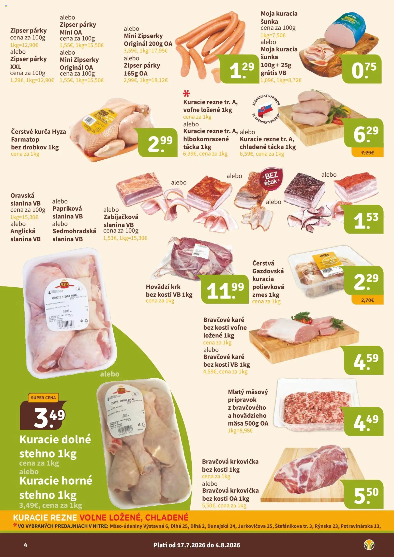 Nové Nitrazdroj akcie – leták je platný od 17.07.2026 | Strana: 4 | Produkty: Šunka, Slanina, Párky, Bravčové karé