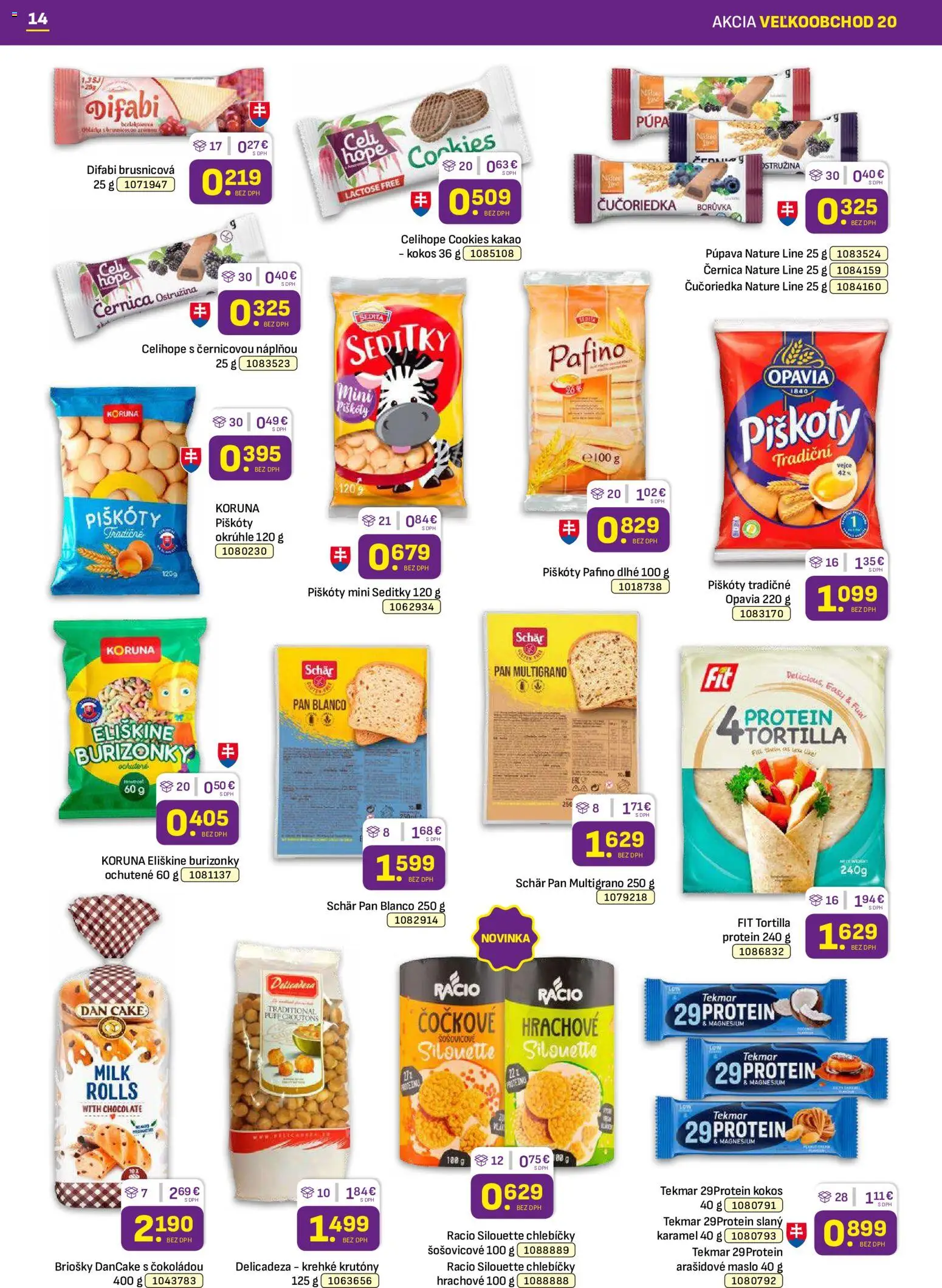 Nové Libex akcie – leták je platný od 05.10.2026 | Strana: 14 | Produkty: Piškóty, Arašidové maslo, Protein, Kakao