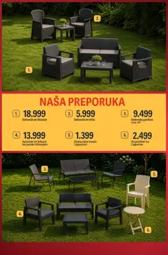 Baštenska garnitura crna, 4/1, A black garden set consisting of a two-seater bench, two armchairs, and a rectangular table, all with dark grey fabric seats and black metal frames. - pregled Mega Maxi kataloga - važi od 04.06.2026 | Strana: 5