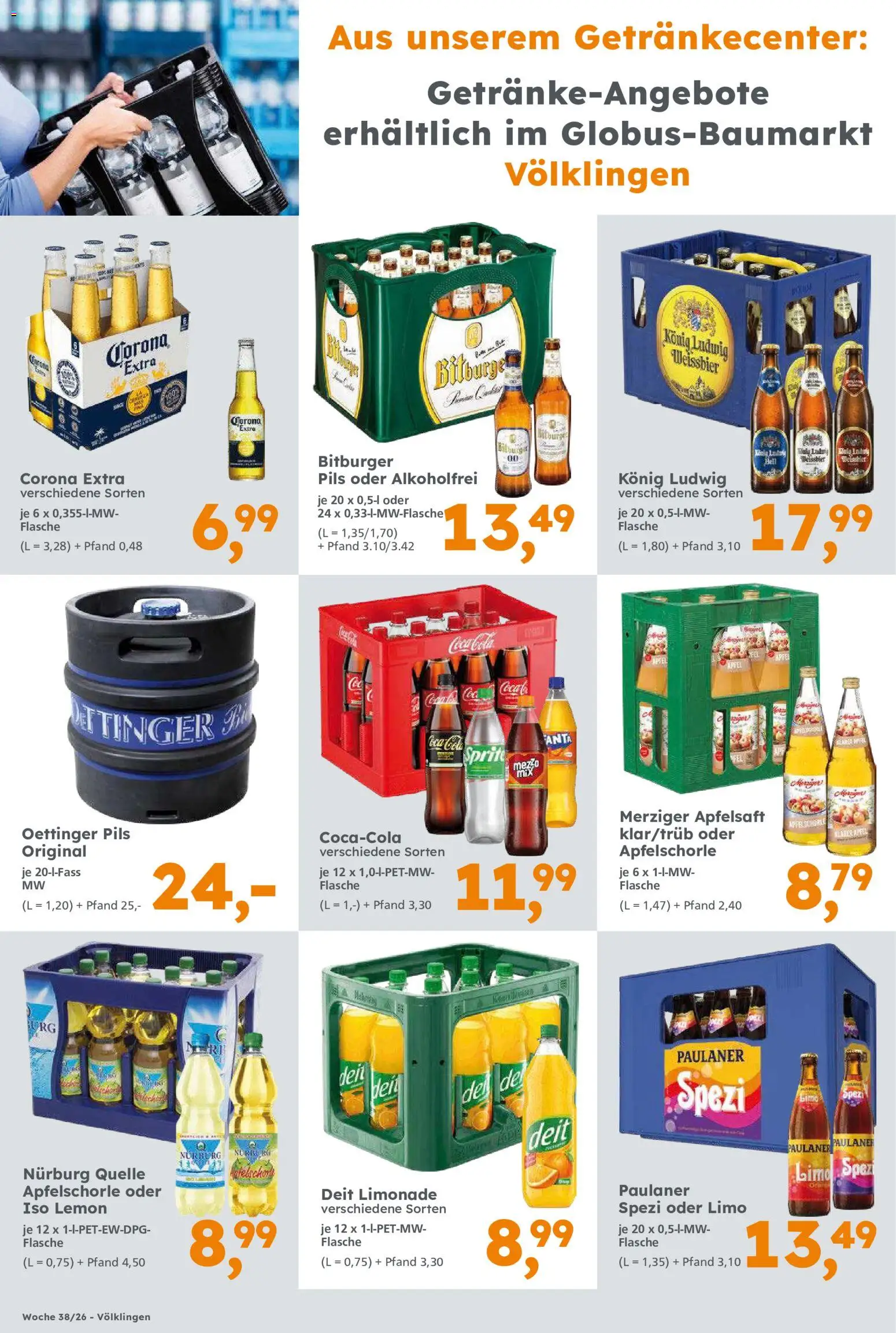 Globus Baumarkt Prospekt Saarbrücken – gültig ab 14.09.2026 | Seite: 12 | Produkte: Cola, Pils, Limonade, Paulaner