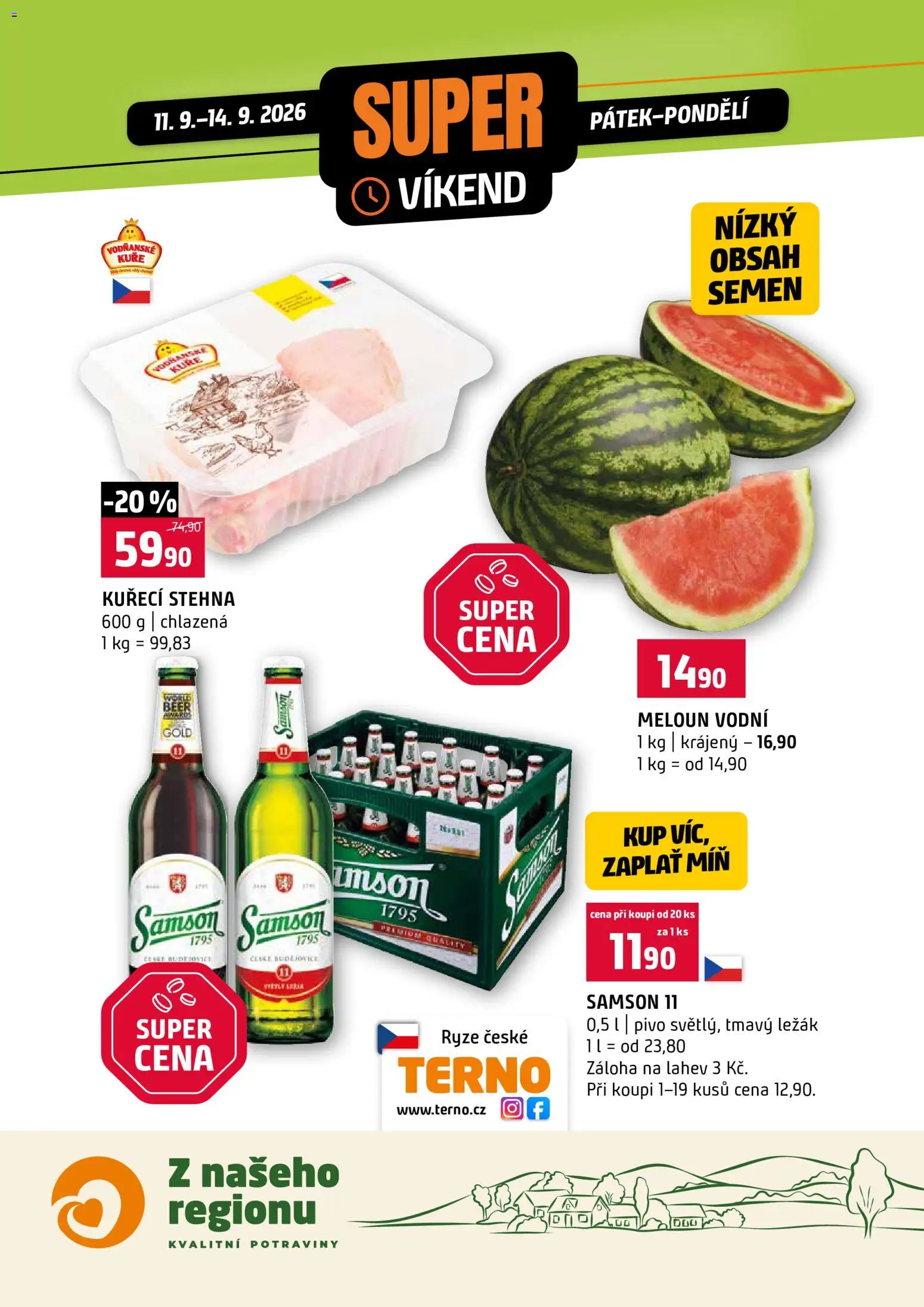 Terno leták - Super víkend od 11.09.2026 | Strana: 1 | Produkty: Rýže, Potraviny, Kuřecí stehna, Láhev