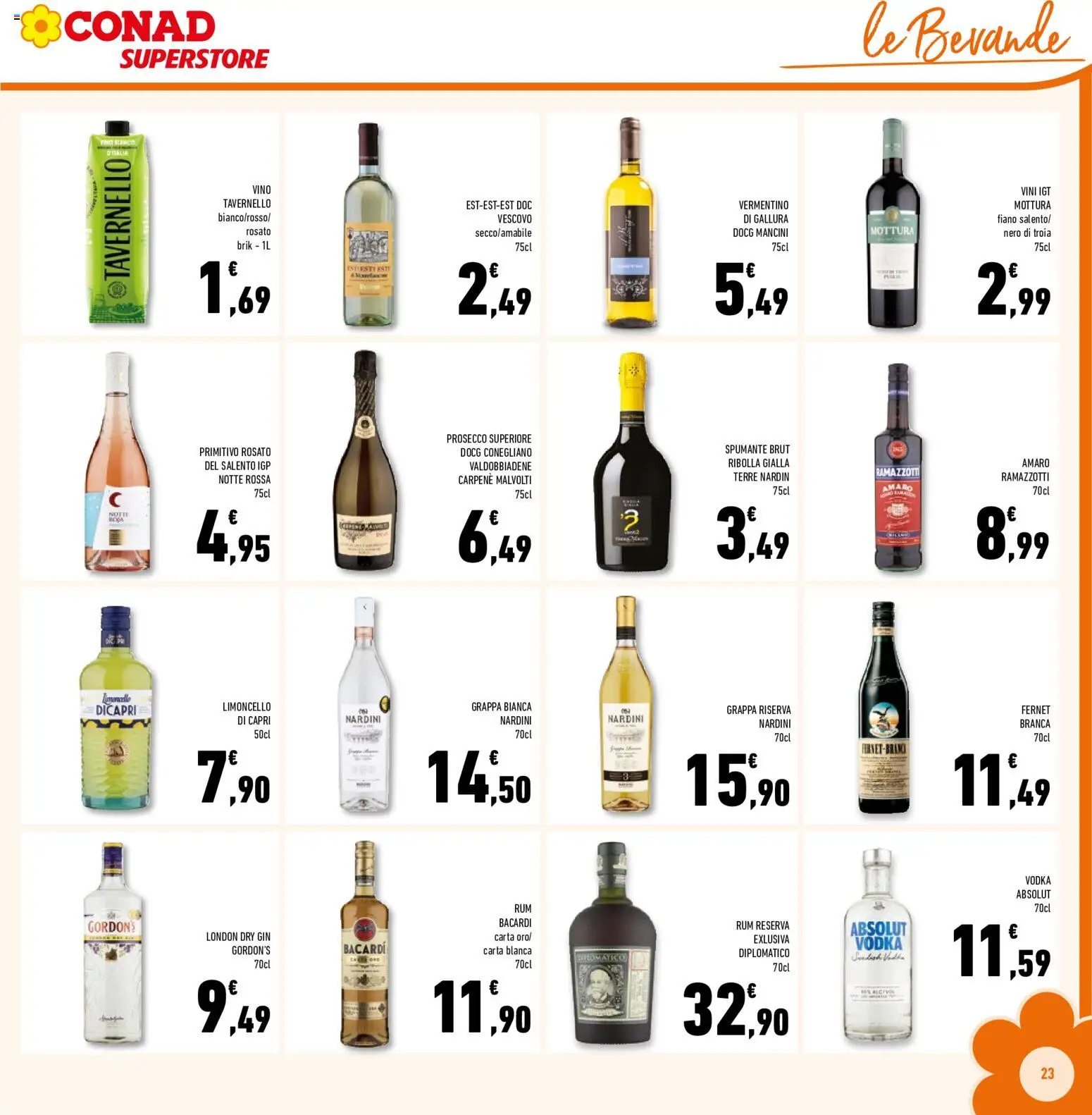 Volantino Conad del 26/08/2026 | Pagina: 23 | Prodotti: Vodka Absolut, Limoncello, Grappa, Amaro
