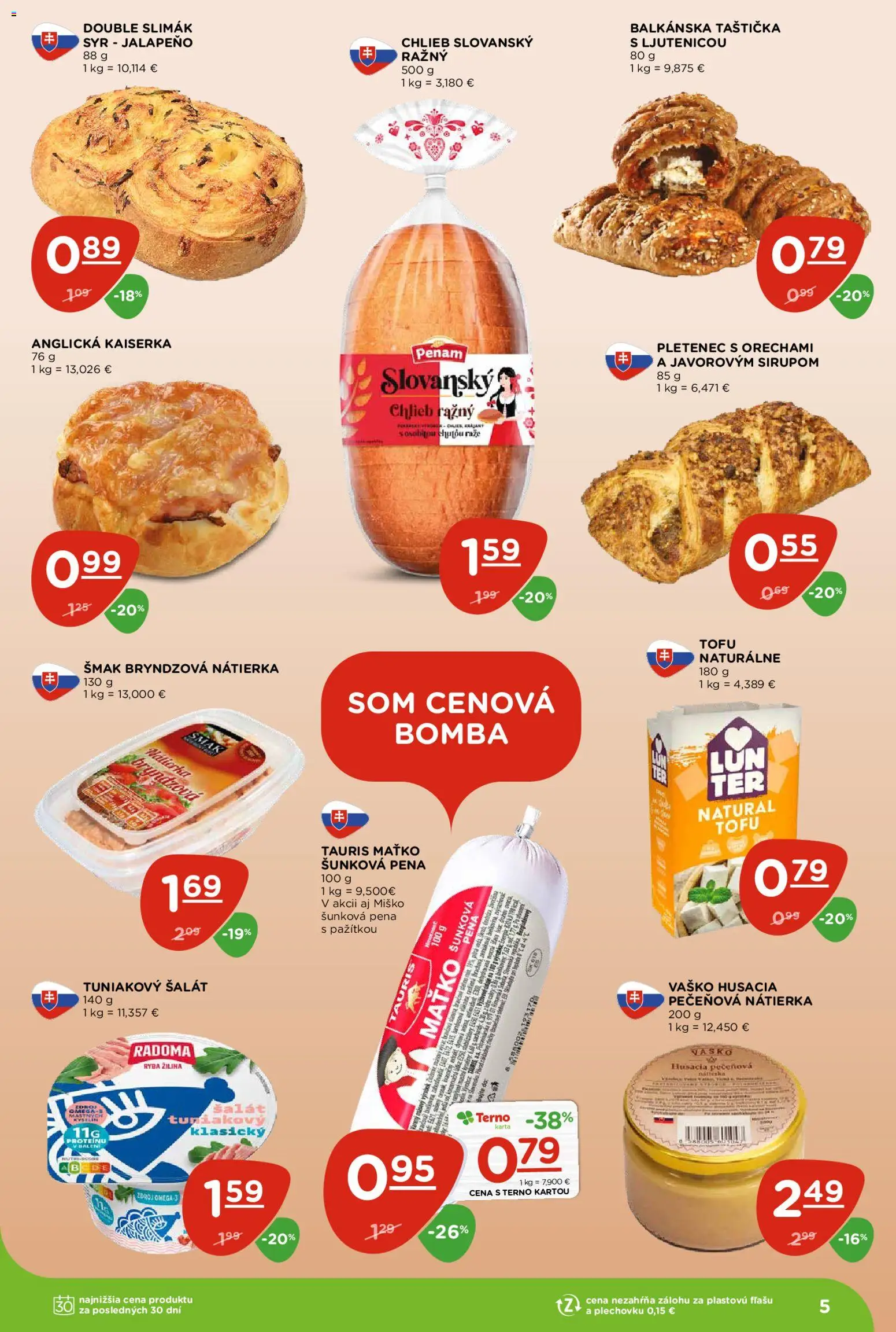Nové Terno akcie – leták je platný od 06.08.2026 | Strana: 5 | Produkty: Syr, Chlieb, Tofu, Voda