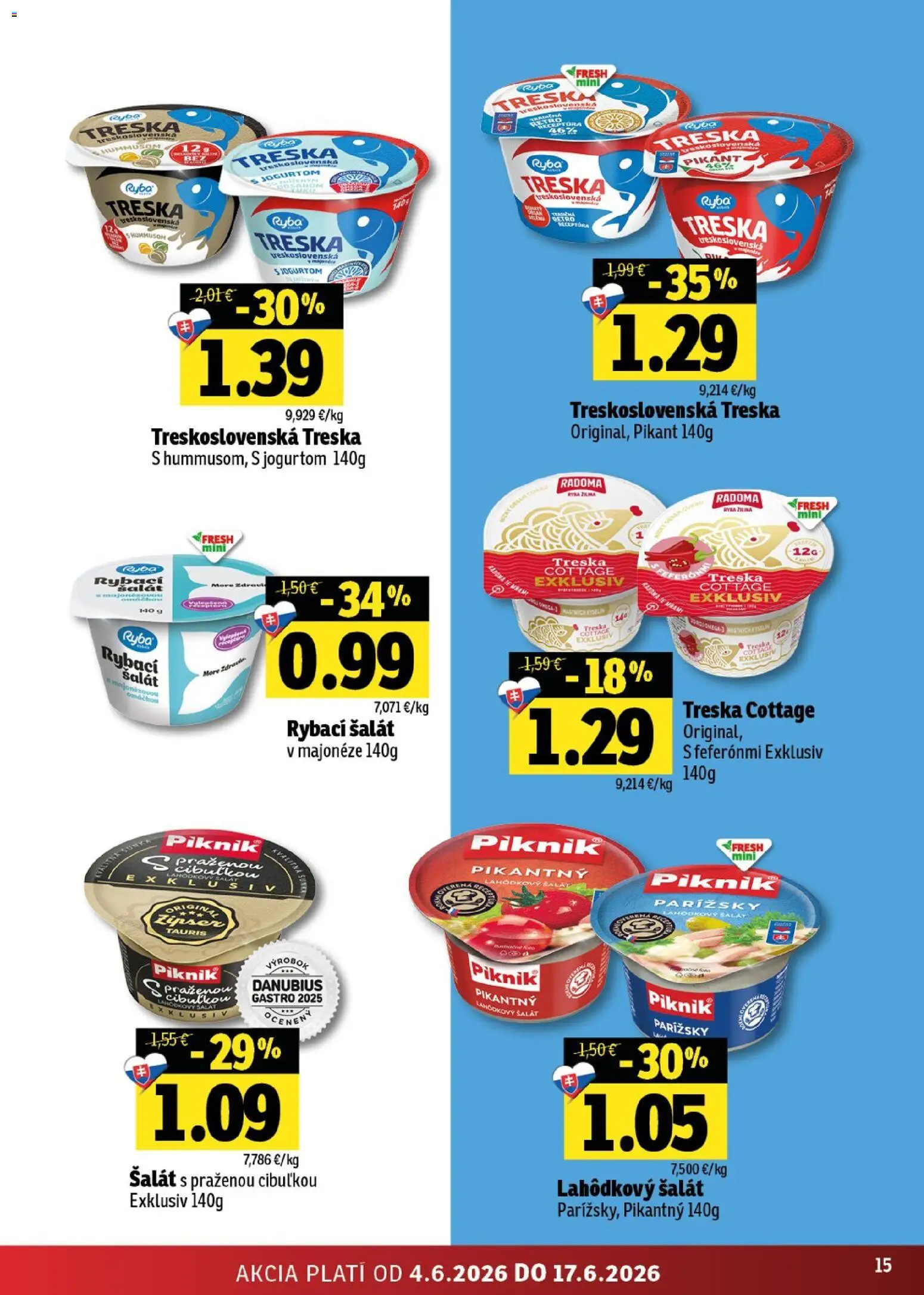 Nové Fresh akcie – leták je platný od 04.06.2026 | Strana: 15 | Produkty: Šunka, Ryba, Šalát, Treska