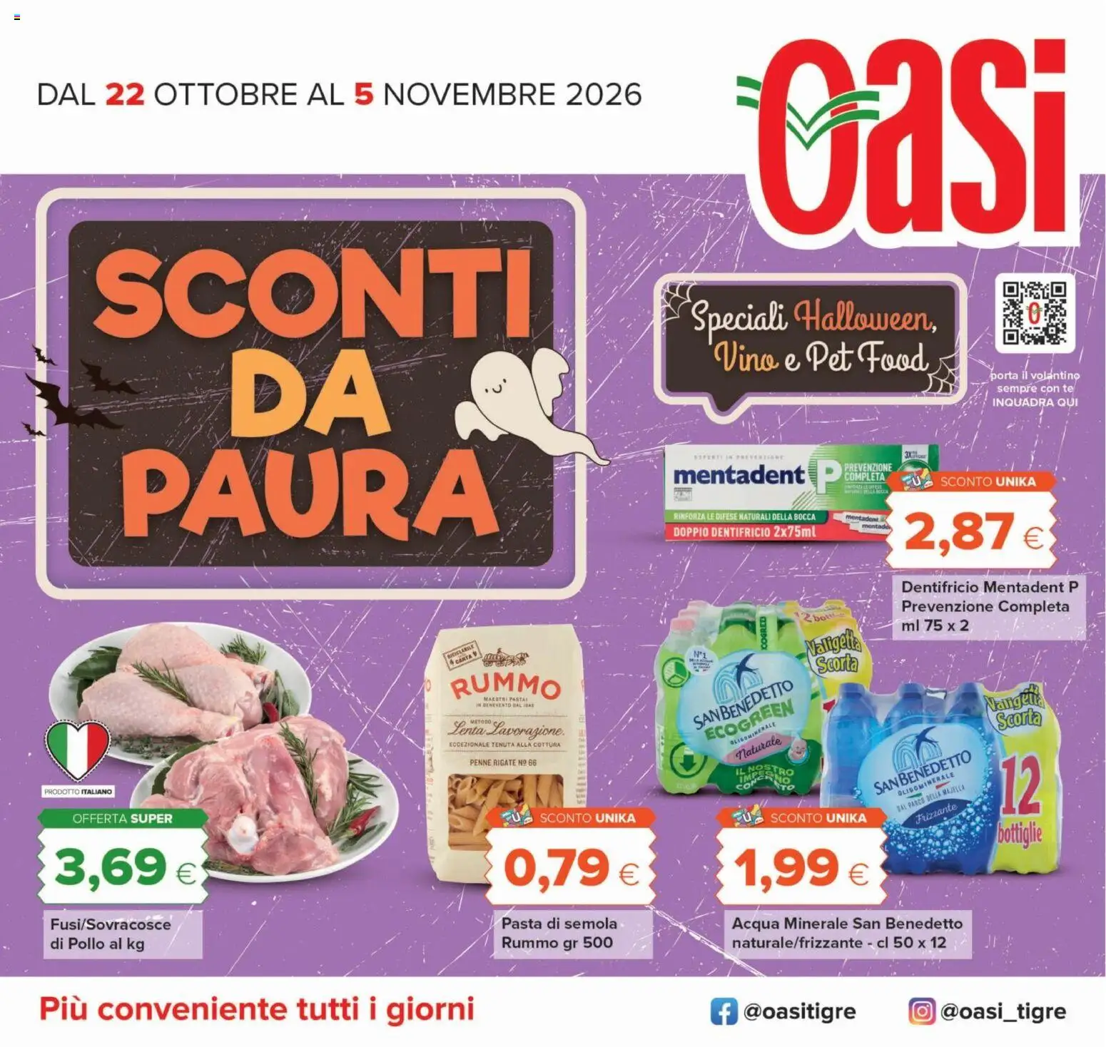 Volantino Oasi del 22/10/2026 | Pagina: 1 | Prodotti: Pollo, Pasta di semola, Acqua minerale, Valigetta