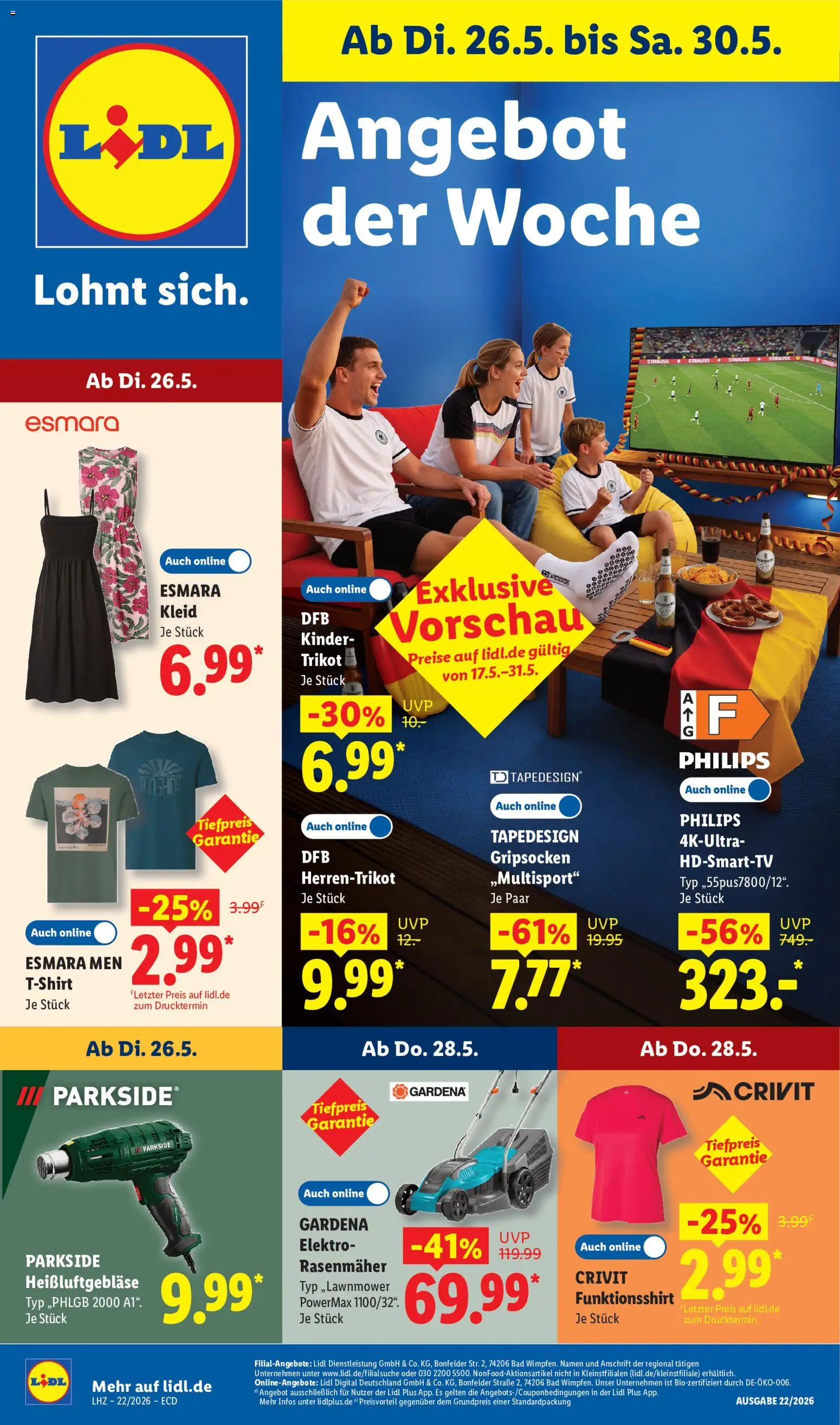 Lidl Prospekt – gültig ab 26.05.2026 | Seite: 1 | Produkte: Philips, Rasenmäher, Bad, Kleid