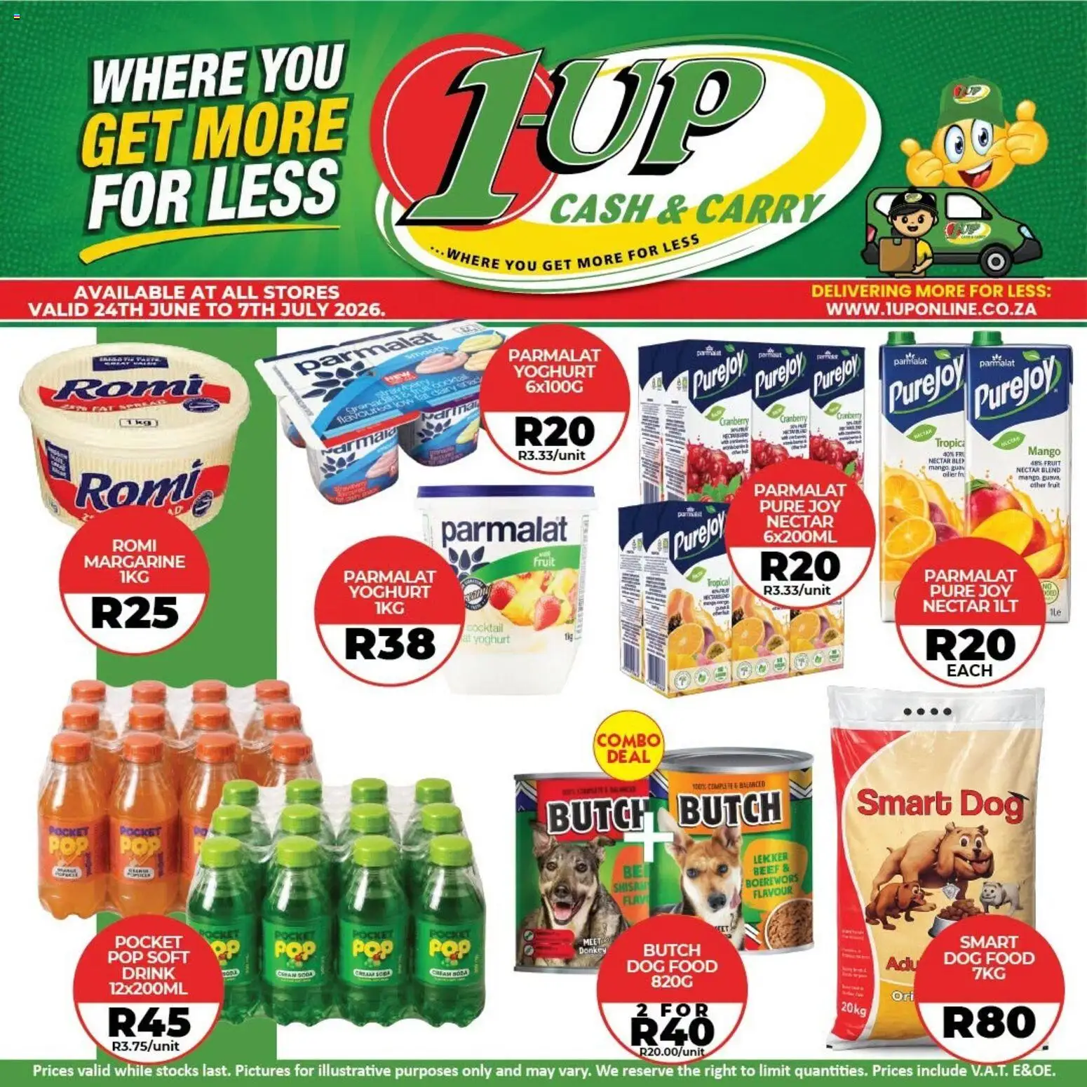 New 1UP Cash & Carry catalogue – valid from 24/06/2026 | Page: 4 | Products: Yoghurt, Boerewors, Fruit, Mango