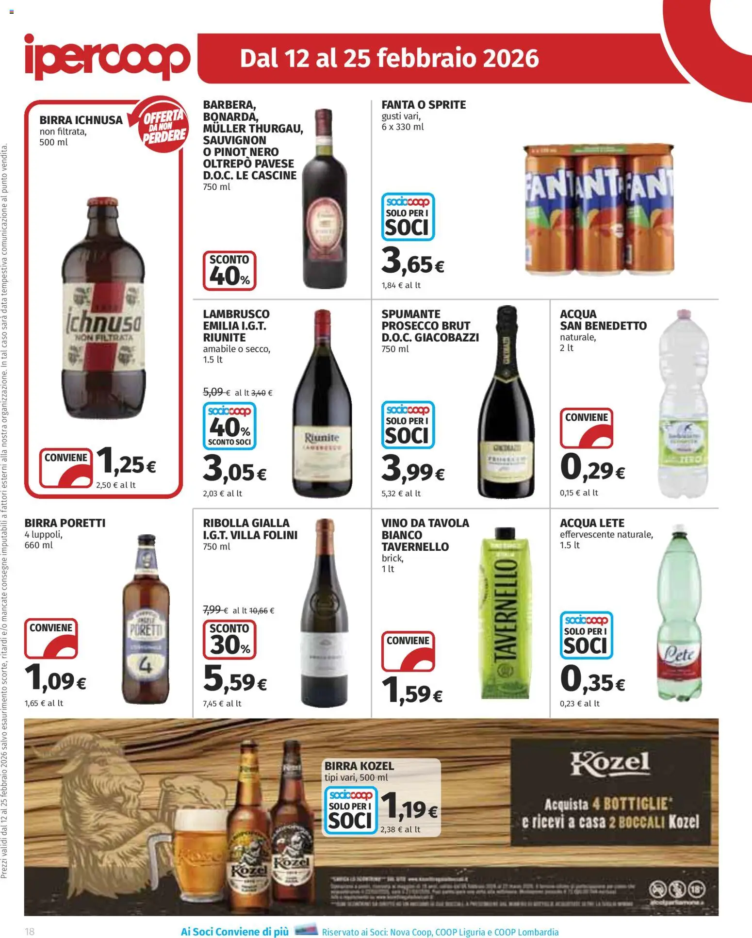 Volantino Ipercoop del 12.02.2026 | Pagina: 18 | Prodotti: Acqua Lete, Prosecco, Vino, Fanta