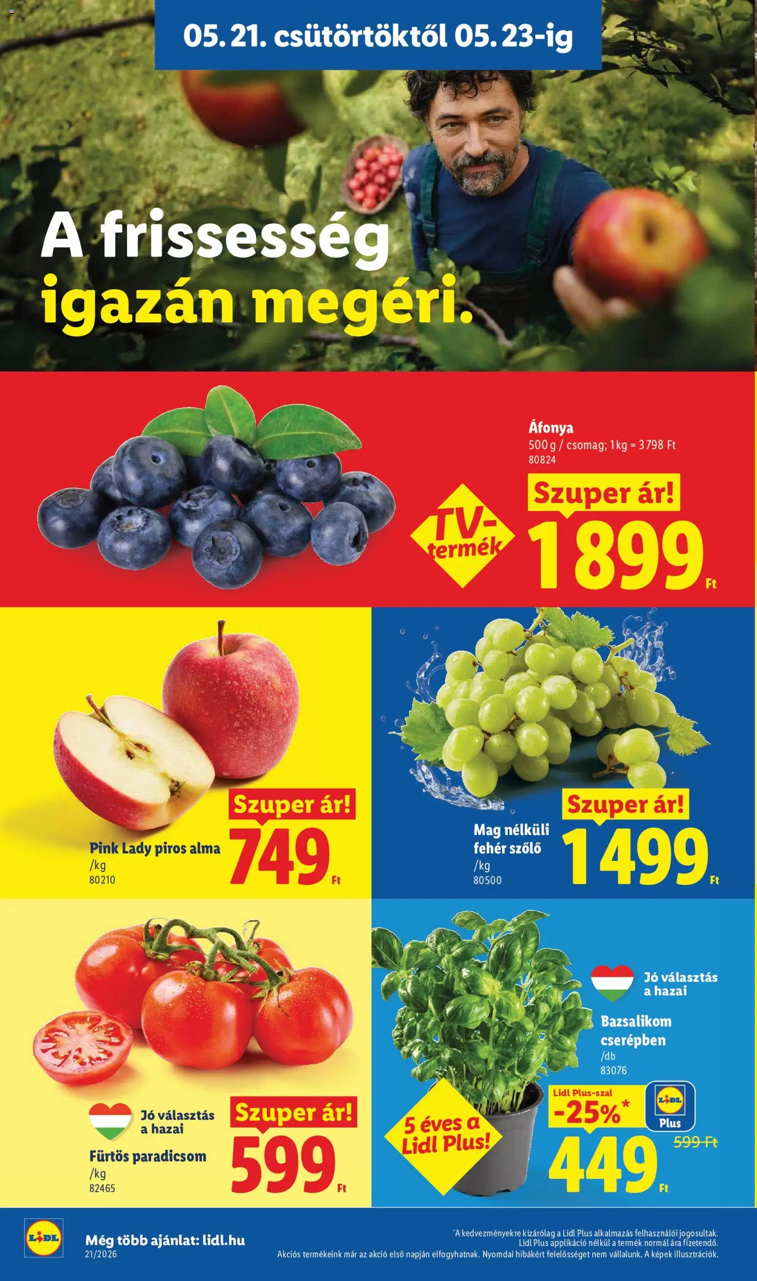 Lidl akciós ujság - amely érvényes a következő dátumtól: 21.05.2026 | Oldal: 6 | Termékek: Áfonya, Bazsalikom, Alma, Paradicsom