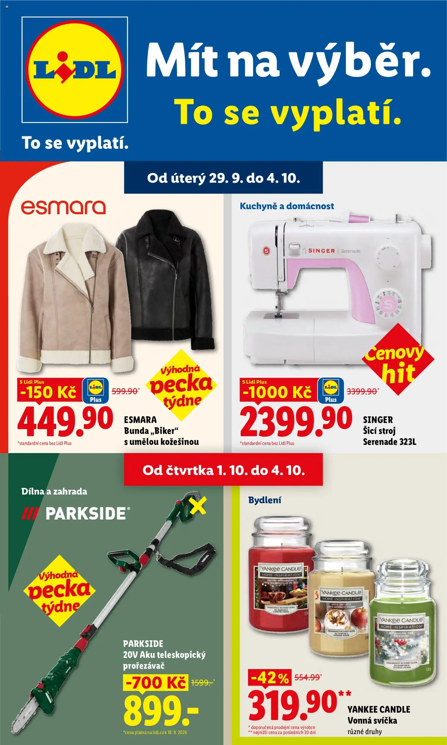 Lidl leták - Spotřební zboží od 29.09.2026 | Strana: 1 | Produkty: Zahrada, Svíčka, Singer, Singer šicí stroj