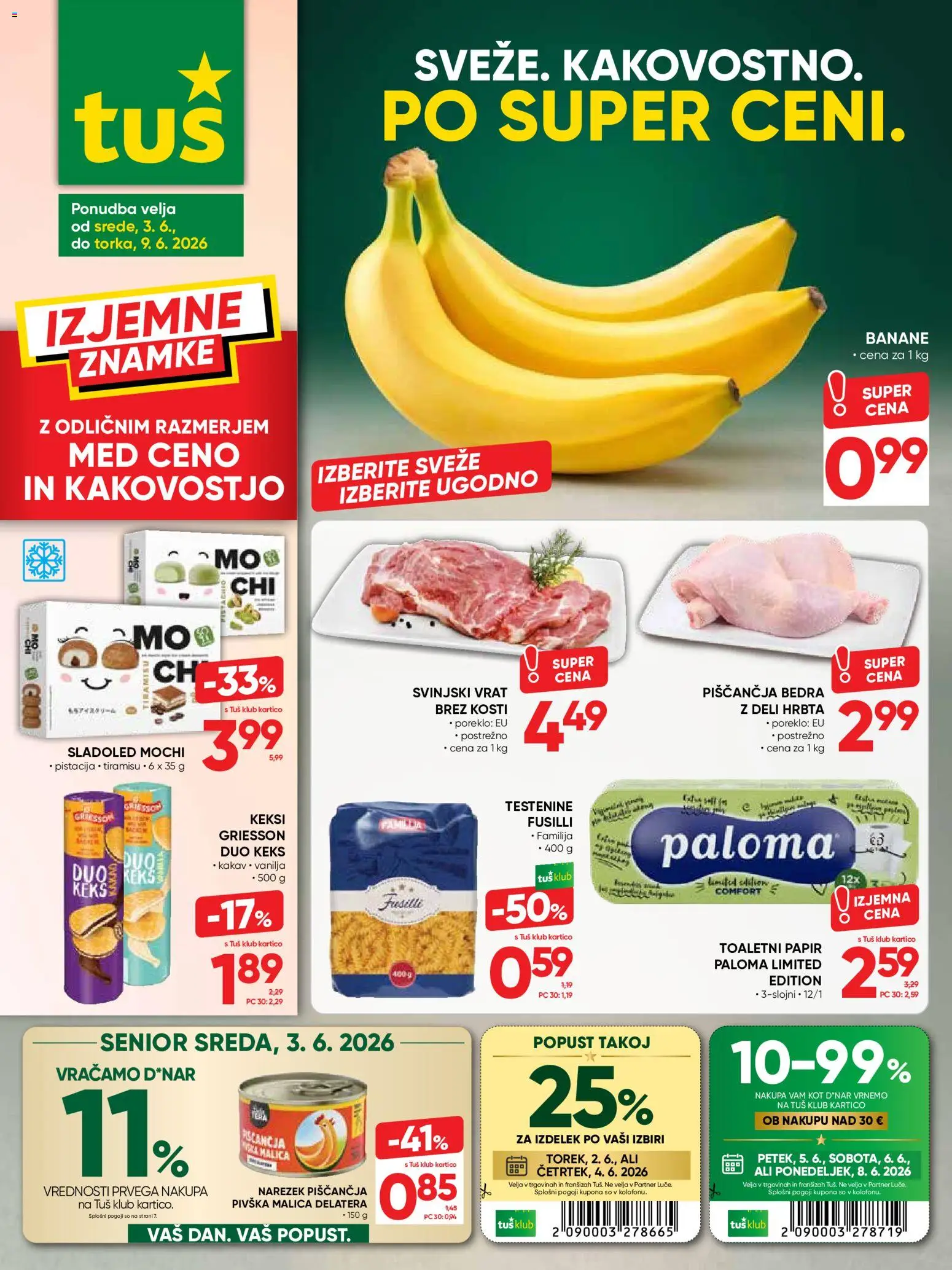 Novi Tuš katalog ponudbe – veljaven od 03.06.2026 | Stran: 1 | Izdelki: Narezek, Piščančja bedra, Kakav, Testenine