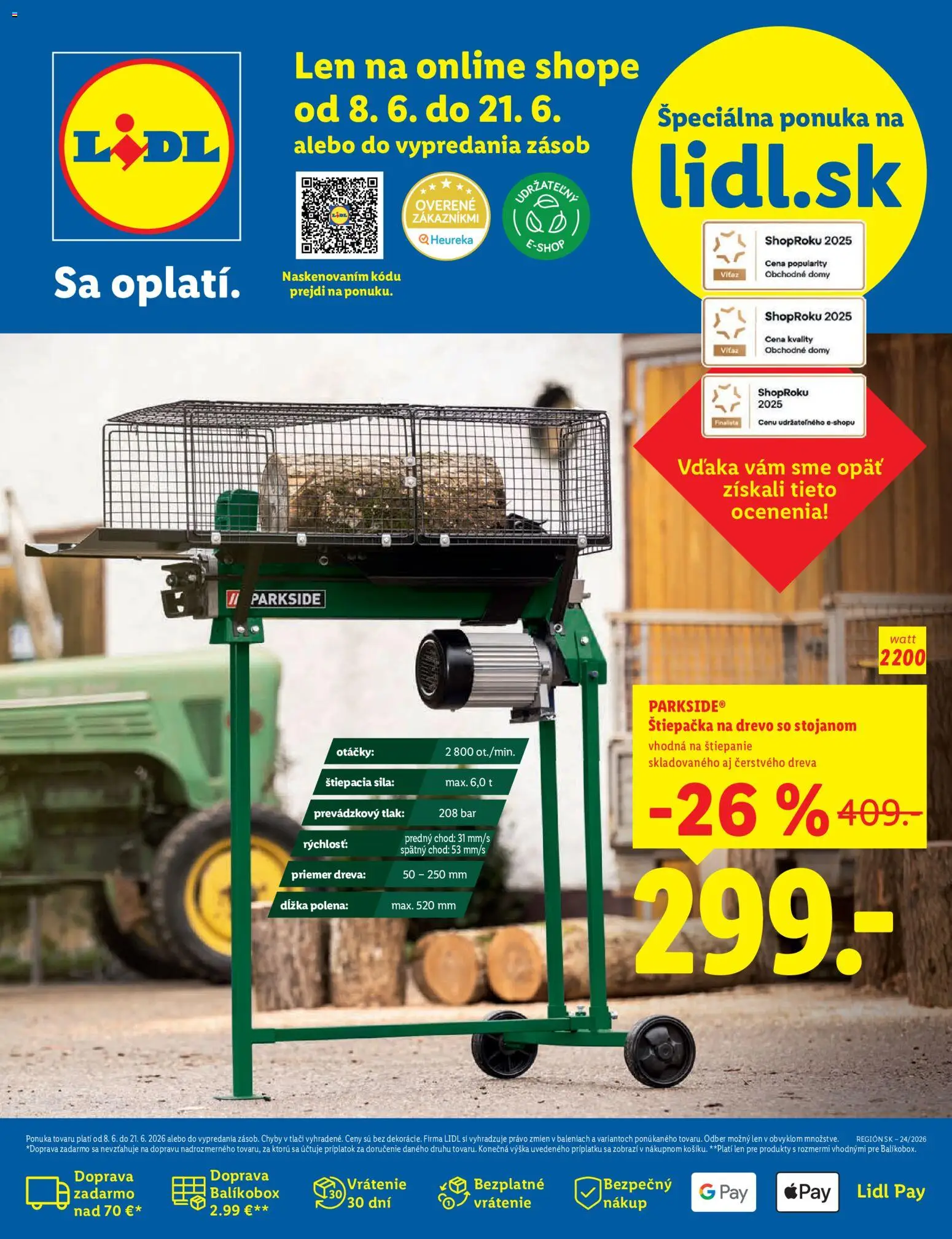 Nové Lidl akcie – leták je platný od 08.06.2026 | Strana: 1 | Produkty: Štiepačka na drevo, Štiepačka, Parkside