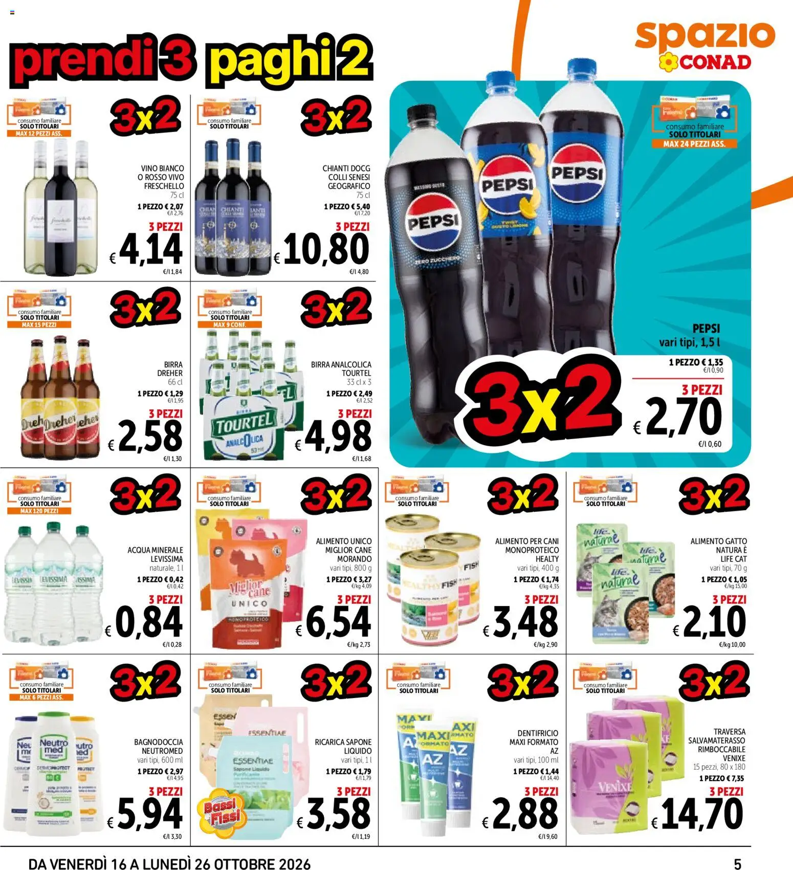 Volantino Spazio Conad del 16/10/2026 | Pagina: 5 | Prodotti: Dentifricio, Acqua, Vino, Pepsi